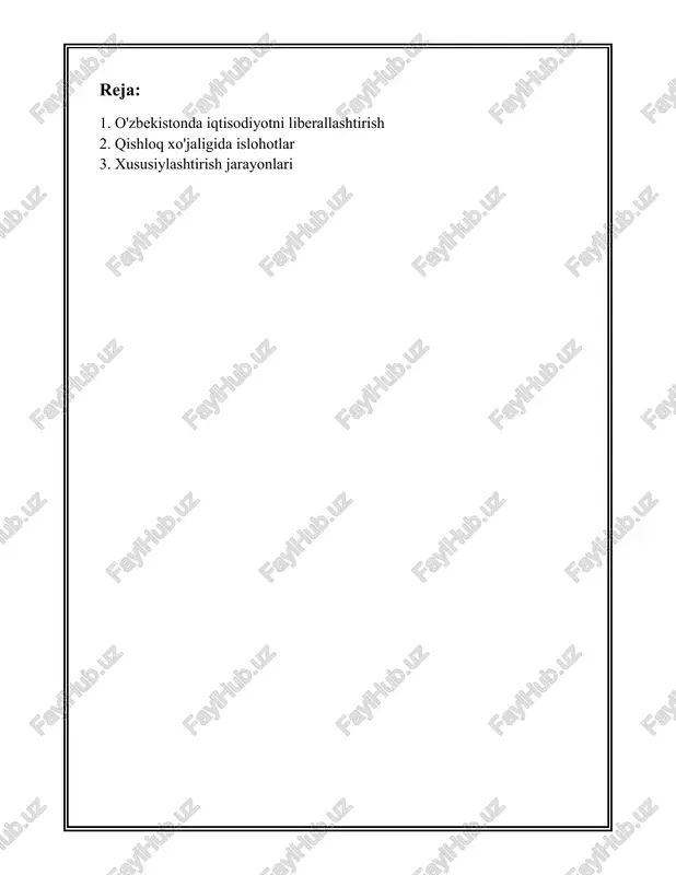 7-yilda ushbu miqdor 5% ga ko'tarildi. 3. **2011-yildan to 2016-yilgacha bo'lgan davr**: bu davrda o'zbekistonning iqtisodiy liberallashtirish jarayonida ko'pgina qulayliklar yaratildi. 2012-yilga kelib, qishloq xo'jaligi mahsulotlarini qayta ishlash sanoatida modernizatsiya boshlandi va bu sohaga qariyb 28 trillion so'm mablag' yo'naltirildi. 2016-yilda o'zbekistonda yaim o'sishi 7.8% ni tashkil etdi va iqtisodiy rivojlanishda sanoat ishi ahamiyatli o'rin egalladi. 4. **2017-yildan keyingi davr**: ushbu davrda shavkat mirziyoyev rahbarligi ostida iqtisodiyotni yanada liberallashtirish choralari kuchaydi. 2017-yilda o'zbekistonda valyuta bozorini liberallashtirish joriy qilinib, milliy valyutaning almashuv kursini erkinlashtirish amalga oshirildi. o'sha yilning sentabr oyida, so'mning rasmiy kursi bozor kursiga yaqindan moslasha boshladi. 2018-yilda xalqaro valyuta mablag'lari rehvalari asosida iqtisodiy rivojlanish va barqarorlikni ta'minlash uchun qator islohotlar olib borildi. o'zbekistonda iqtisodiyotni liberallashtirishga oid aniq raqamlarni keltirmoqchi bo'lgan holda, quyidagi ko'rsatkichlarni eslatib o'tish mumkin: 2020-yilda o'zbekiston yaim o'sishi 1.6% ni tashkil etdi. 2021-yilda bu ko'rsatkich 7.4% ga oshdi. 2023-yilga kelib, xalqaro savdo hajmi 49 milliard aqsh dollaridan …