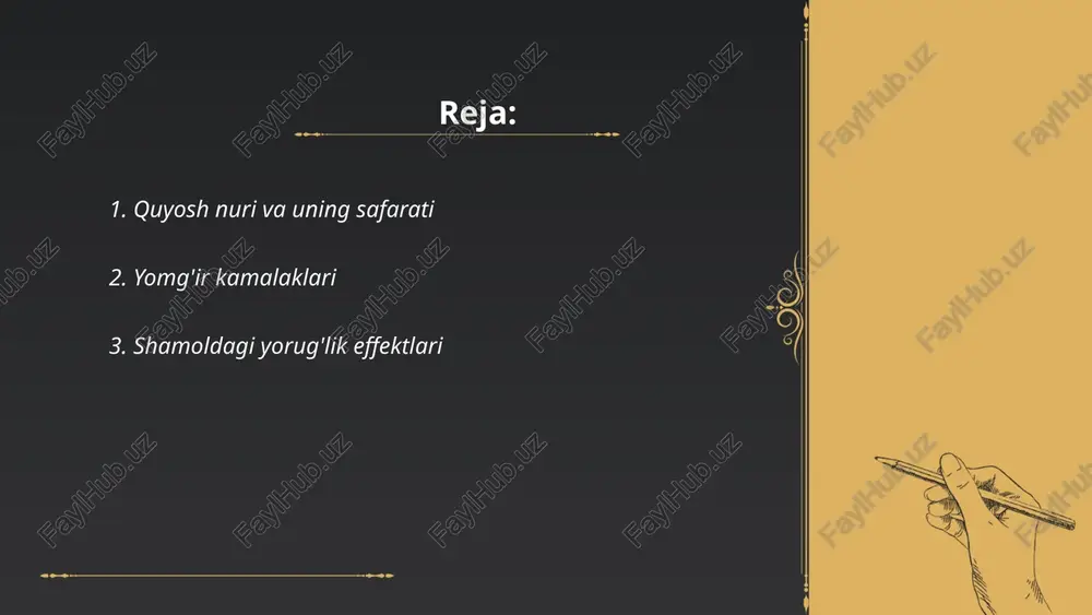 , o'rta kengliklarda quyosh botayotgan vaqtda ranglarning intensivligi turlicha bo'ladi. optik atmosferik hodisalar turli vaqt va joylarda har xil kuchlanish bilan namoyon bo'lishi mumkin, bu esa ularni ayniqsa maftunkor va qiziqarli qiladi. ... t.me/slaydai_bot 4. qor kristallarining yorug'likni sindirish xususiyatlari qor kristallari yorug'likni sindiruvchi xususiyatlari tufayli ularning o'ziga xos porlashini ta'minlaydi. qorning aksariyat qismi havo va suv muvozanatidan iborat bo'lib, kristallardagi muz yuzalari yorug'likni o'ziga singdiradi va aks ettiradi. har bir kristallining murakkab shakli va ko'p qirrali tuzilishi yorug'likning turli burchaklarda sinishiga olib keladi. yorug'lik nurlari kristall yuzalaridan qaytganda, ular spektorning barcha ranglariga ajraladi. odatda qorning albedo koeffitsienti taxminan 0.8-0.9 oralig'ida bo'ladi, bu esa uning yorug'likni qanchalik samarali aks ettirishini anglatadi. shu sababli qorli joylar juda yorqin ko'rinadi. ... t.me/slaydai_bot bulutlarning ranglanishi quyosh nurlari, suv tomchilari va muz kristallari ta'sirida yuzaga keladi. quyosh botishi va chiqishi paytida qizil va pushti ranglar ustun bo'ladi, chunki quyosh pastda joylashadi va nurlar uzoqroq …
