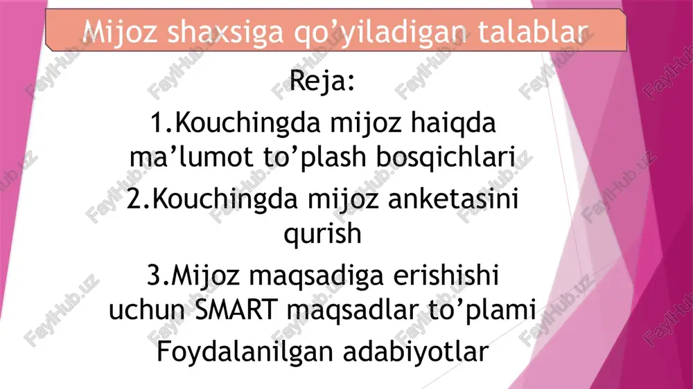 mida olingan natijalarning haqiqiyligi o'lchanadigan tashqi mezon sifatida ishlatiladi. l-ma'lumotlarni olish usullarining umumiy kamchiliklari: - ko'pincha biografik xarakterdagi ishonchli l-ma'lumotlarini olish bir qator tashkiliy qiyinchiliklar bilan bog'liq; ro'yxatga olish uchun faqat to'liq ob'ektiv xususiyatlar mavjud (mehnat va ta'lim yutuqlari, oilaviy ahvol, sog'liq holati va boshqalar), ko'pincha ob'ektiv xususiyatlar turli xil holatlarning kombinatsiyasi natijasidir, maksimal ob'ektivlik, shuning uchun ko'pincha past ma'lumot mazmuni bilan birga mavjud (agar bola, masalan, maktabda yomon ishlay boshlagan bo'lsa, unda bu faktning o'zi hech narsani anglatmaydi), axborot mazmunini oshirish uchun maksimal l-ma'lumotlar yig'iladi, individual maslahatlashuvlarda bu ma'lumotlar tahlil qilinadi, bir-biri bilan birlashtiriladi va sabab-oqibat munosabatlari quriladi; shuning uchun bu bosqichda psixologning tajribasi va muammoli vaziyatni ob'ektiv tushunish qobiliyati katta ahamiyatga ega. q ma'lumotlari q-ma'lumotlar (so'rovnoma ma'lumotlari) o'z-o'zidan hisobotlarga asoslangan anketalar va boshqa usullarni qo'llash orqali olinadi. q-ma'lumotlarini to'plashga asoslangan usullarning asosiy afzalligi maksimal foyda/xarajat nisbati: haqiqiy, malakali so'rovnoma psixologga mavzuni bir oy davomida uzluksiz kuzatishda to'play olmagan …