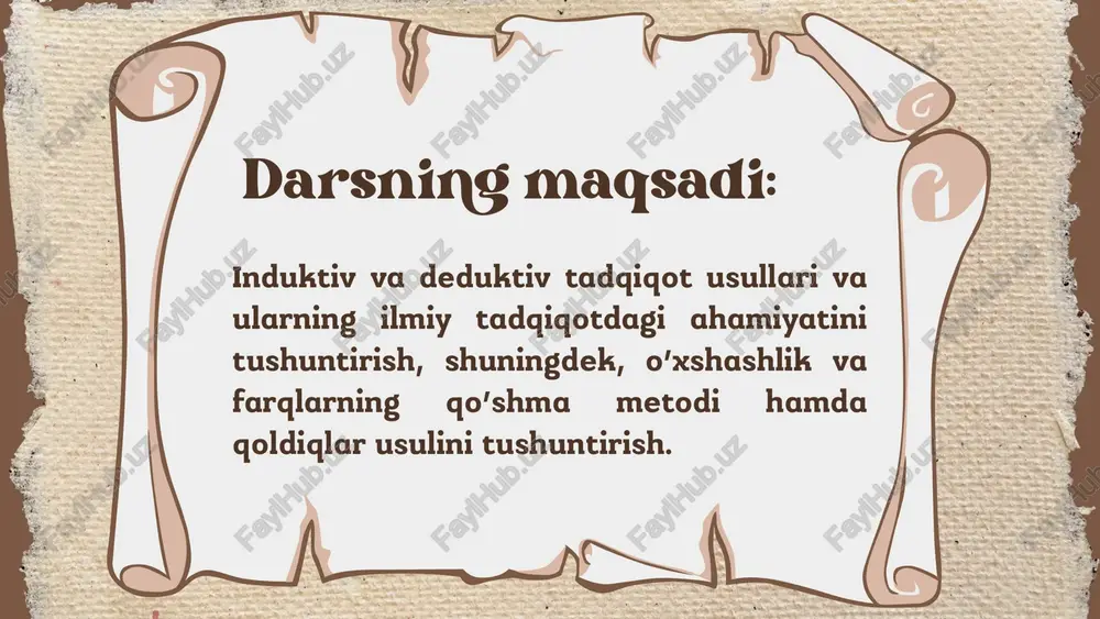 rels ppt/slides/_rels/slide13.xml.rels ppt/slidelayouts/_rels/slidelayout1.xml.rels ppt/slidelayouts/_rels/slidelayout2.xml.rels ppt/slidelayouts/_rels/slidelayout3.xml.rels ppt/slidelayouts/_rels/slidelayout4.xml.rels ppt/slidelayouts/_rels/slidelayout5.xml.rels ppt/slidelayouts/_rels/slidelayout6.xml.rels ppt/slidelayouts/_rels/slidelayout7.xml.rels ppt/slidelayouts/_rels/slidelayout8.xml.rels ppt/slidelayouts/_rels/slidelayout9.xml.rels ppt/slidelayouts/_rels/slidelayout10.xml.rels ppt/slidelayouts/_rels/slidelayout11.xml.rels [content_types].xml click to edit master title style click to edit master text styles second level third level fourth level fifth level 11/5/24 ‹#› induktiv-deduktiv tadqiqot usullari: o’xshashlik va farqlarning qo’shma metodi, qoldiqlar usuli tayyorladi: almardanova farzona darsning maqsadi: induktiv va deduktiv tadqiqot usullari va ularning ilmiy tadqiqotdagi ahamiyatini tushuntirish, shuningdek, o’xshashlik va farqlarning qo’shma metodi hamda qoldiqlar usulini tushuntirish. induktiv tadqiqot usuli ta’rif: induktiv usul umumiy xulosalarga kelish uchun kuzatilgan xususiy faktlar va holatlardan foydalanadi. • amalda qo’llanishi: hodisalardan kelib chiqib umumiy qonuniyatlarni aniqlash. • misol: har kuni quyoshning chiqishini kuzatish orqali “quyosh har kuni chiqadi” degan umumiy xulosaga kelish. • afzalliklari: amaliy kuzatuvga asoslangan. • kamchiliklari: xulosalar to’liq to’g’ri bo’lmasligi mumkin. deduktiv tadqiqot usuli ta’rif: deduktiv usul umumiy qoidalar yoki nazariyalardan kelib chiqib, xususiy xulosalarga o’tishni ko’zda tutadi. • amalda qo’llanishi: nazariy qoidalardan yangi faktlarni aniqlash. …