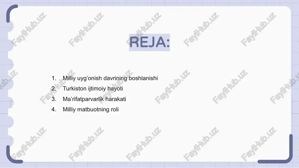 adam tashlash jarayonini boshlab berdi, bu muhim hodisa edi.'} {'paragraph': 'milliy matbuotning roli ayniqsa katta boʻlib, bu nashrlar xalqni maʼrifatga undash, ilm-fan, madaniyatga qiziqishni rivojlantirishga xizmat qilgan.'} {'paragraph': 'turkiston nashrlari millat oydinlarini birlashtirdi, zamonaviy fikrlarni yoydi hamda jamiyatda ijtimoiy-siyosiy, madaniy oʻzgarishlarga zamin yaratishda muhim omil boʻldi.'} adabiyot va madaniyatning rivoji xix asr oxirlarida turkistonda milliy uygʻonish jarayoni avj oldi. bu davrda adabiyot va madaniyat rivojida muhim qadamlar tashlandi, ijod faollashdi. yangi adabiy uslublar shakllanib, o‘zbek milliy sheʼriyati va nasrida muhim asarlar yaratildi. milliy o‘zlik va madaniy qadriyatlar targ‘ib qilindi, saqlandi. shu davrda ko‘plab ziyolilar jamiyatni o‘zgartirishga intilishdi. ular til, adabiyot va ta'lim sohalaridagi islohotlarga katta ahamiyat qaratishdi, rivojlantirishdi. ilm-fan va ta’limning ahamiyati turkistonda xix asr oxirlarida milliy uygʻonish harakati kuchayib, ilm-fan va ta’limga bo‘lgan qiziqish ortdi. bu davrda ziyolilar katta hissa qoʻshgan. yangi maktablar ochilib, zamonaviy ta’lim tizimi shakllana boshladi. ilm-fan tarqalishi yoshlar orasida ongli fikrlash va milliy o‘zlikni anglashni …