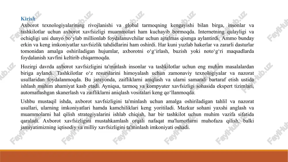 h bo‘yicha asosiy yo‘nalishlardan biri — bu axborot tizimlarining umumiy xavfsizlik imkoniyatlarini baholash va ularning zaifliklarini aniqlashdir. buning uchun, avvalo, tizimlarni keng qamrovli tekshirish uchun skanerlash va audit qilish tizimlaridan foydalaniladi. bu jarayonlar davomida, boshqaruvchilarga ochiq portlar, ruxsat etilgan protokollar va operatsion tizimlarning foydalanilayotgan versiyalari haqida ma’lumotlar olinadi. shuningdek, bu tekshiruvlar yordamida tizimda mavjud bo‘lishi mumkin bo‘lgan zaif joylar va allezliklar aniqlanadi, shuningdek, tashkilotning internet tarmog‘ida keng tarqalgan qo‘llaniladigan xujum usullari, masalan, parollarni to‘liq saralash yoki boshqa noqonuniy kirish urinishlari yordamida suqilib kirishni imitatsiyalashga urinishlar ko‘zda tutiladi. axborot xavfsizligi tushunchasi axborot xavfsizligi — bu ma'lumotlarning buzilmasligini, yo‘qolmasligini, shifrlanishini va buzilishdan himoyalanganligini ta'minlovchi muhim asosiy tamoyildir. bu tushuncha iqtisodiyotda, davlat boshqaruvida hamda muhim infratuzilmalarda keng qo‘llaniladi. axborot xavfsizligi, avvalambor, ma'lumotlarning ham xavfsizligini, ham integritetini, ham maxfiyligini ta'minlashga qaratilgan. ushbu tushuncha quyidagicha asosiy jihatlarni o‘z ichiga oladi: maxfiylik (confidentiality): ma'lumotlar faqat ularni olish huquqi bo‘lgan shaxslar uchun ochiq bo‘lishi. butunlik (integrity): ma'lumotning …
