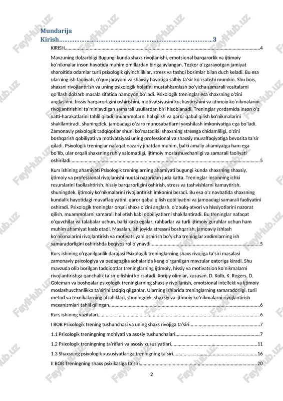 ologik treninglardan foydalanib o‘z shaxsiy va professional rivojlanishlarini tezlashtirishga intilmoqdalar. shu bilan birga, treninglarning samaradorligini baholash, individual xususiyatlarga moslashish va ehtiyotkorlik talab qiladigan salbiy ta’sirlarni kamaytirish masalalari ilmiy tadqiqotlar uchun muhim ahamiyatga ega. [1: abdukarimov, sh. psixologiya asoslari. toshkent o‘zbekiston respublikasi oliy va o‘rta maxsus ta’lim vazirligi, 2018.] mavzuning dolzarbligi bugungi kunda shaxs rivojlanishi, emotsional barqarorlik va ijtimoiy ko‘nikmalar inson hayotida muhim omillardan biriga aylangan. tezkor o‘zgarayotgan jamiyat sharoitida odamlar turli psixologik qiyinchiliklar, stress va tashqi bosimlar bilan duch keladi. bu esa ularning ish faoliyati, o‘quv jarayoni va shaxsiy hayotiga salbiy ta’sir ko‘rsatishi mumkin. shu bois, shaxsni rivojlantirish va uning psixologik holatini mustahkamlash bo‘yicha samarali vositalarni qo‘llash dolzarb masala sifatida namoyon bo‘ladi. psixologik treninglar esa shaxsning o‘zini anglashini, hissiy barqarorligini oshirishini, motivatsiyasini kuchaytirishini va ijtimoiy ko‘nikmalarini rivojlantirishini ta’minlaydigan samarali usullardan biri hisoblanadi. treninglar yordamida inson o‘z xatti-harakatlarini tahlil qiladi, muammolarni hal qilish va qaror qabul qilish ko‘nikmalarini shakllantiradi, shuningdek, jamoadagi …