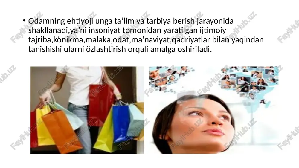 mehribonligi yetishmaganida bolalar ovqatga ruju qöyishadi.buning sababi ularning qoniqmaslik hissini boshidan kechirib,uni aniqlashtira olmaganligidir. izlash faoliyati davomida,odatda,ehtiyojning jism bilan uchrashuvi sodir böladi.ehtiyoj tomonidan öz jismini «bilib olish»jarayoni ehtiyojning jismga ega bölishi nomini olgan.özining sodda shakllarida u «impirting mexanizmi»,ya’ni yodda qolish sifatida ma’lum. ehtiyojni örganish metodlari: suhbat kuzatuv anketa a.maslou testi proektiv metodikalar image1.jpeg image2.jpeg image3.jpeg image4.jpeg image5.jpeg image6.jpeg image7.jpeg image8.jpeg image9.jpeg image10.jpeg image11.jpeg image12.jpeg image13.jpeg image14.jpeg / kn iy aw &