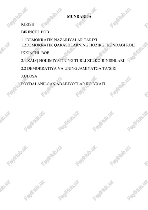 omillar, albatta, hisobga olinadi.demokratik davlatda inson manfaati, qadr-qimmati, hayoti har narsadan yuqori turadi. bunday davlat oʻzini oʻzi boshqarish, koʻp partiyalilik, ommaviy axborot vositalarining erkin boʻlishi, fikrlar xilma-xilligiga sharoit yaratadi. biroq demokratiya hamma narsada xohlagancha erkinlik emas, qonunga asoslangan erkinlikdir. demokratiyaning ajralmas qismi intizom, qonunlarni hurmat qilish,boshqalarning haq-huquqini himoya qilishdir. demokratiya tartibotlari huquqiy davlatda mukammal rivojlanib boradi. i.bob 1.1 demokratik nazariyalar tarixi bugun ilmiy adabiyotlarda, ommaviy axborot vositalari va turli anjumanlarda eng ko‘p ishlatilayotgan tushuncha «demokratiya» bo‘lib qolmoqda. demokratiyaning etimologik va semantik tahlili ko‘rsatadiki, u «siyosiydemokratiya», «iqtisodiy demokratiya», «demokratik qadriyatlar», «demokratik davlat», «demokratik jamiyat», «demokratik boshqaruv», «demokratik taraqqiyot» kabi rang-barang ijtimoiy sohalar va faoliyat yo‘nalishlariga nisbatan qo‘llanilmoqda. aqshlik siyosatshunos david xeldning «demokratiya modellari» asarida qayd etilishicha, bugun ijtimoiy va siyosiy-falsafiy adabiyotlarda demokratiyaning o‘ndan ortiq u yoki bu guruh mutaxassislar tomonidan e’tirof etiladigan modellari mavjud. demokratik nazariyalar bir necha ming yillik tarixga ega bo’lib, ularning dastlabki ko’rinishlari qadimgi yunoniston va rim davlatlarida …