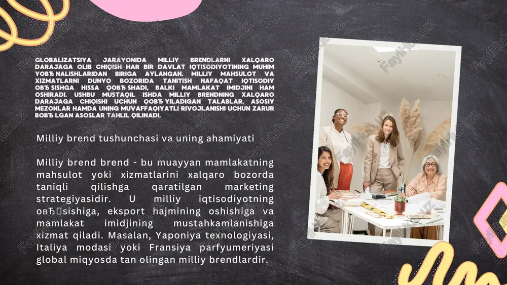 janubiy koreya), toyota (yaponiya), nestle© (shveytsariya) kabi kompaniyalar o ʻz mamlakatlarining milliy brendlari sifatida dunyoga mashhur. milliy brendni xalqaro bozorda muvaffaqiyatli rivojlantirish quyidagi afzalliklarni ta’minlaydi: eksport hajmini oshirish va milliy iqtisodiyotni mustahkamlash; mamlakatning jahon bozorida raqobatbardoshligini oshirish; ish ovђ�rinlari yaratish va iqtisodiy ovђ�sishga hissa qovђ�shish; vђo' mamlakat imidjini yaxshilash va xorijiy investitsiyalarni jalb qilish. milliy brendning xalqaro miqyosda muvaffaqiyatmilliy brendning xalqaro miqyosda muvaffaqiyat qozonishi quyidagi asoslarga tayanadi:qozonishi quyidagi asoslarga tayanadi: 01.01. 02.02. 03.03. davlat qo ʻllab-quvvatlashi - hukumat tomonidan eksport dasturlari, soliq imtiyozlari va investitsiya rag ʻbatlantirish choralari. jahon bozori uchun moslashuvchanlik - mahsulot yoki xizmat turli madaniyat va bozorlarga moslasha olishi lozim. huquqiy himoya va sertifikatsiya - brend nomi, logotipi va mahsulotlari xalqaro patent va intellektual mulk huquqlari asosida himoyalangan bo ʻlishi zarur. milliy brendning xalqaro miqyosda muvaffaqiyatmilliy brendning xalqaro miqyosda muvaffaqiyat qozonishi quyidagi asoslarga tayanadi:qozonishi quyidagi asoslarga tayanadi: 04.04. 05.05. barqarorlik va ekologik ma’suliyat - xalqaro mijozlar iqlim …