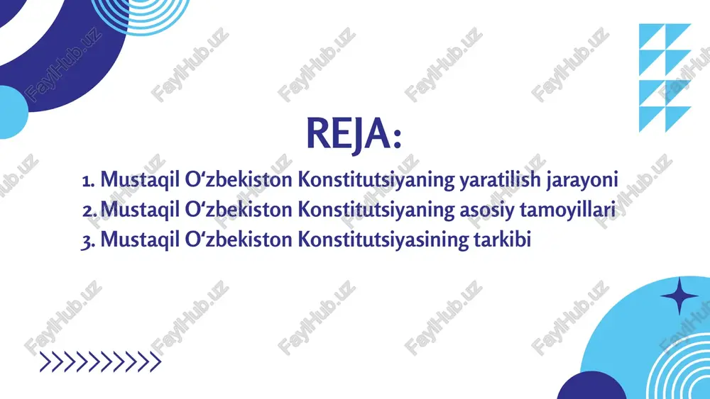 a qabul qilindi. shu kun mustaqil oʻzbekistonning asosiy qonuni sifatida belgilandi va har yili konstitutsiya kuni sifatida nishonlanadi. 6. amaliyotga tatbiq etilishi qabul qilingan konstitutsiya asosida yangi davlat tuzilishi shakllandi, qonunlar va meʼyoriy hujjatlar ishlab chiqilib, amaliyotga joriy etildi. bu bosqichda konstitutsiyaviy prinsiplar va tamoyillar kundalik hayotda, davlat boshqaruvida aks ettirildi. oʻzbekiston respublikasi konstitutsiyasining tamoyillari oʻzbekiston respublikasi konstitutsiyasining tamoyillari davlatning siyosiy, ijtimoiy va huquqiy tizimini belgilab beruvchi asosiy printsiplardir. ushbu tamoyillar oʻzbekiston respublikasi konstitutsiyasining asosiy ruhiyati boʻlib, davlat boshqaruvi va jamiyat hayotida adolat, erkinlik hamda taraqqiyot printsiplariga asoslanishni ta’minlaydi. oʻzbekiston respublikasi konstitutsiyasining tamoyillari 1) mustaqillik va suverenitet: davlat mustaqil va oʻz suverenitetiga ega boʻlib, xalq irodasiga asoslangan holda boshqariladi. oʻzbekiston respublikasi konstitutsiyasining tamoyillari 2. demokratik davlat tamoyili davlat hokimiyati xalq vakillari orqali amalga oshiriladi. saylovlar, erkin fikr almashinuvi va siyosiy koʻngillilik demokratik prinsiplarni ta’minlaydi. oʻzbekiston respublikasi konstitutsiyasining tamoyillari 3. huquqiy davlat va qonun ustuvorligi qonunlar barcha fuqaro uchun teng qoʻllaniladi. …