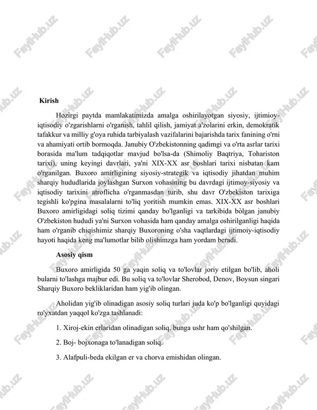 an olinagan. 7. qovun puli-qovun va tarvuzlardan olinadigan soliq. 8. uskuna puli-ko'chatlar o'tqazish va daraxt payvandlari uchun olinadigan soliq. 9. sanjit puli-sanjit daraxtlaridan olinadigan to'lov. 10. cho'p puli-qurilish ashyolari va o'tinda olinadigan soliq. 11. barg puli-ipakchilikdan olinadigan soliq. 12. qo'sh puli-juft qo'sh ho'kizlaridan olinadigan to'lov. 13. yaksara puli-bitta haydov ho'kizidan olinadigan to'lov. 14. zakot chakana-chorvadan olinadigan soliq. 15. 15.aminona-suvdan foydalanganligi va bozorda sotiladigan mahsulotlardan olinadigan soliq. 16. tagjoy puli-bozordagi sotuvchilardan olingan. 17. chuil-harbiy soliq turi. 18. boqia puli-sug'orish inshootlari uchun to'lov. 19. shox va mix puli-qurilish ashyollari (qamish, xashak)dan olingan. 20. lobaki puli-ariqlarni tozalash uchun olinadigan to'lov. 21. jo'yga puli-bosh ariqdan o'z eriga oladigan suvga to'lanadigan soliq. 22. chig'ir puli -suvni ko'tarib beruvchi moslama uchun olingan. 23. osiyo puli-tegirmonlardan olinadigan to'lov. 24. objuvoz puli-sholi tozalovchi tegirmonlardan olingan. 25. qayiq puli-daryolarda qayiq bilan yurgani uchun olingan. 26. farsax puli-yo'l puli. 27. joziya puli(jiz'ya)-yahudiylardan olinadigan soliq. 28. arab puli-arablardan olinadigan soliq. 29. …