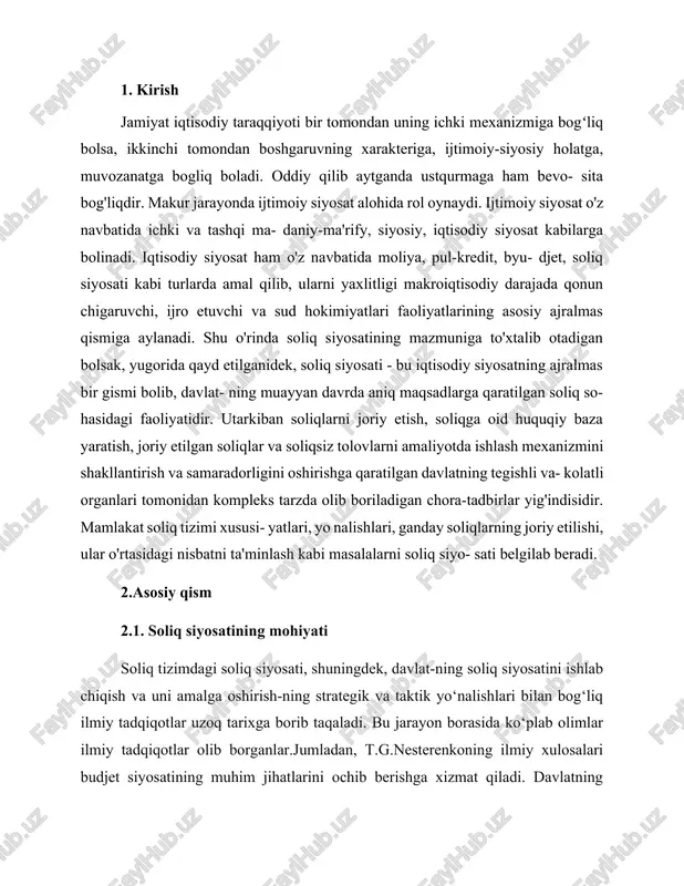 ulosalari budjet siyosatining muhim jihatlarini ochib berishga xizmat qiladi. davlatning budjet siyosati – markaziy va mahalliy davlat organlarining strategiya va taktikalarini o‘zida aks ettirib, davlat funkisyalarini ijrosini ta’minlashda moliyaviy resurslarni jamlash va ularni samarali taqsimlash orqali bydjet barqarorligini ta’minlash ustuvorligini ifoda etadi, deb ta’kidlab o‘tadi. bu esa, birinchidan resurslarni son.umummiqyosda taqsimlash, ikkinchidan davlat, xo‘jalik subyektlari va aholining manfaatlarini ularning moliyaviy munosabatlari orqali ta’minlash, uchinchidan budjet tuzilishi, miqyosi va munosabatlarini yanada takomillash-tirishni o‘zida aks ettiradi. v.g.panskov tomonidan berilgan ta’rif: soliq siyosati soliqni shakllantirishga qaratilgan davlatning iqtisodiy, moliyaviy va huquqiy choralari majmuidir davlatning moliyaviy ehtiyojlarini qondirish uchun mamlakat tizimi, jamiyatning ayrim ijtimoiy guruhlari va orqali ham mamlakat iqtisodiyotini rivojlantirish moliyaviy resurslarni qayta taqsim-lashdir deb fikr bildirgan. m.v. karp quyidagilarni taklif qiladi: soliq siyosati umumiy moliyaning ajralmas qismidir, ommaviy axborot vositalari uchun davlat siyosati va uzoq muddatli va soliq sohasidagi davlat faoliyati konsepsiyasi, soliq mexanizmi, shuningdek soliq tizimini boshqarish kabi tushunchalarni o‘z ichiga …
