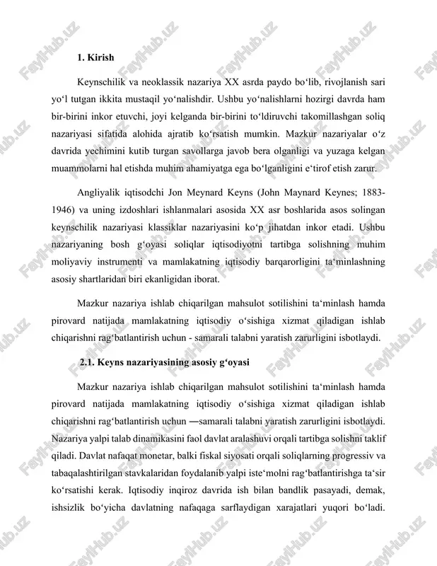bandlik pasayadi, demak, ishsizlik boʻyicha davlatning nafaqaga sarflaydigan xarajatlari yuqori boʻladi. bunday sharoitda soliqlarni oshirishga toʻgʻri keladi, davlat shu orqali talabni oshiradi. iqtisodiyotning koʻtarilish davriga kelib esa soliqlarni pasaytirish imkoniyati yuzaga keladi. ushbu nazariyaning markaziy gʻoyasi soliqlar iqtisodiyotni tartibga solishning yagona vositasi va muvaffaqiyatli iqtisodiy oʻsishning tarkibiy qismlaridan biri ekanligidan iborat. keynsning fikricha, bozor iqtisodiyoti munosabatlari takomillashgan va oʻzini oʻzi tartiblab turuvchi tizim hisoblanmaydi. faqat davlatning iqtisodiyotga aralashuvi ish bilan bandlikni eng yuqori darajaga oshirish va iqtisodiy oʻsishni ta‘minlashi mumkin. davlatning roli, eng avvalo, shundan iboratki, u inqiroz davrida yalpi talabni oshirishi va shu bilan ishlab chiqarish hamda investitsiyani faollashtirishi, ishsizlikni esa kamaytirishi lozim. 2.2. keyns nazariyasida soliqlarning bandlikka ta‘siri keyns soliqlarning bandlikka ta‘siri toʻgʻrisida quyidagi fikrlarni bildirgan. toʻla bandlikni ta‘minlash uchun faqat investitsiyalarni emas, balki milliy daromadni ham tartibga solish taklif etiladi. buni hal qilish vositasi sifatida soliqlarga murojaat qilish kerak deyiladi. aholining jamgʻarmalarini muomalaga kiritish maqsadida soliqlarni oshirish …
