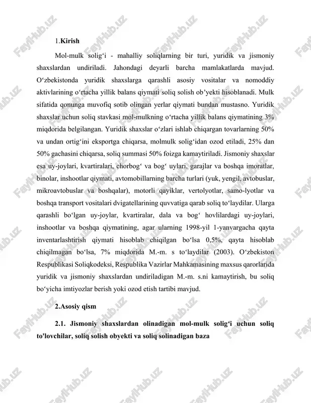 mulk soligʻi uchun soliq to'lovchilar, soliq solish obyekti va soliq solinadigan baza mulkida soliq solinadigan mol-mulki bo'igan jismoniy shaxslar, shu jumladan chet el fuqarolari, agar o'zbekiston respublikasining xalgaro shartnomalarida boshqacha qoida nazarda tutilmagan bolsa, shuningdek yuridik shaxs tashkil etgan va tashkil etmagan holda tuzilgan dehgon xo'jaliklari jismoniy shaxslaming mol- mulkiga solinadigan soliq to' lovchilaridir. agar ko'chmas mulk mulkdorining joylashgan yerini aniqlash imkoni bo'imasa, bu mol-mulk qaysi shaxsning egaligida va (yoki) foydalanishida bo'isa, o'sha shaxs soliq toʻlovchidir. oʻzbekiston respublikasi hududida joylashgan uy-joylar, kvartiralar, dala hovli imoratlari, garajlar va boshga imoratlar, joylar, inshootlar solig solish obyektidir. ko'chmas mulkka bo'lgan huquqlarni davlat ro yxatidan otkazuchi organ tomonidan belgilanadigan solig solish obyekt- larining inventarizatsiya giymati to'lovchilar uchun soliq solinadigan bazadir. jismoniy shaxslarning mol-mulkini baholash bo'yicha vakolatli organ tomonidan aniqlangan soliq solish obyektining bahosi mavjud bo'imagan taqdirda, mol-mulkning qonun hujjatlari bilan belgilanadigan shartli qiymati soliq solinadigan bazadir. bitta jismoniy shaxs bir nechta soliq solish obyekti …