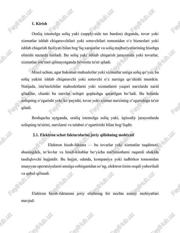 jihatdan foydalidir. 3. **xatoliklarni kamaytirish**: raqamli tizimda barcha ma'lumotlar avtomatik tarzda kiritiladi va tekshiriladi, bu esa xatoliklarni kamaytiradi. 4. **soliq va hisobot tizimini yaxshilash**: elektron hisob-fakturalar davlat soliq organlari bilan real vaqt rejimida ulashishga imkon beradi. bu esa soliqlarni to‘lash va hisob-kitoblarni yaxshilashga yordam beradi. 5. **qonuniylik va huquqiy tasdiqlash**: elektron hisob-faktura raqamli imzo orqali tasdiqlanadi, bu esa uning qonuniy kuchga ega ekanligini ta'minlaydi. 6. **ma'lumotlarni saqlash va arxivlash**: elektron hujjatlar elektron tizimlarda saqlanadi, bu esa ularni arxivlash va qidirishni osonlashtiradi. o‘zbekiston respublikasi hududida elektron hisob-fakturalar tizimi 2020-yildan boshlab joriy etilgan bo‘lib, u soliq to‘lovchilarning hisobotlarini soddalashtiradi va soliq organlarining nazoratini kuchaytiradi. elektron hisob-fakturalarini joriy qilish — bu soliq hisoboti va moliyaviy operatsiyalarni raqamli formatda rasmiylashtirish, saqlash va almashish tizimidir. buning asosiy maqsadi quyidagilardan iborat: 1. **soliq maqsadlari uchun shaffoflikni oshirish**: elektron hisob-fakturalar soliqlarni to‘lash va ularni nazorat qilish jarayonini avtomatlashtiradi, bu esa firibgarlik va soliq to‘lashdan qochish holatlarini kamaytiradi. …