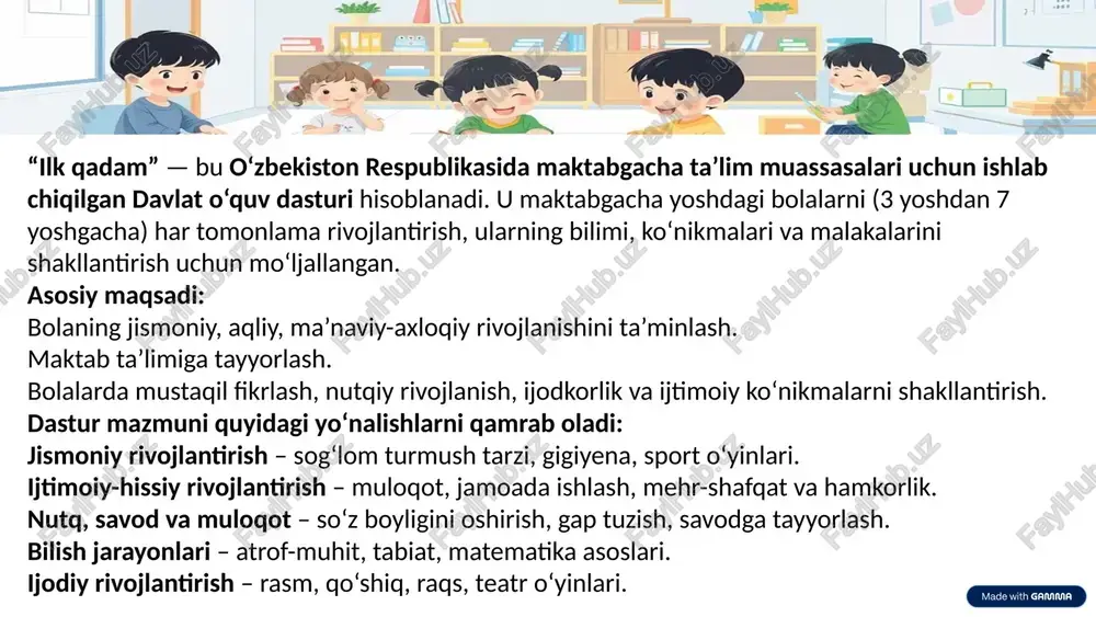 anish bolalarning savodxonlik, nutq, mantiqiy fikrlash va ijtimoiy ko‘nikmalarini erta yoshdan rivojlantirish. 4 savodxonlik, nutq, mantiqiy fikrlash, ijtimoiy ko‘nikmalarini...? maktabgacha ta’limdagi innovatsiyalar “ilk qadam” doirasida maktabgacha ta’lim tizimiga innovatsiya, texnologiya va strategiya markazi tomonidan yangi, zamonaviy o‘qitish metodlari joriy etilmoqda. bu metodlar bolalarning qiziqishlarini oshirish va ularni o‘quv jarayoniga faol jalb qilishga xizmat qiladi. raqamli platformalar: interaktiv o‘quv o‘yinlari va ilovalar orqali ta’lim berish. interaktiv materiallar: bolalar uchun qiziqarli va tushunarli vizual materiallar. pedagogik yondashuv: zamonaviy pedagogik texnologiyalarni qo‘llash. 6 bolalarni savodga o‘rgatishning asosiy yo‘nalishlari ijodkorlik kichik motorika mantiq va matematika til va nutq til va nutq rivoji harflar, tovushlar, so‘z boyligini oshirish, hikoya qilish va tinglash ko‘nikmalarini shakllantirish. mantiqiy fikrlash va matematik ko‘nikmalar sonlar, shakllar, oddiy hisoblash, taqqoslash va guruhlash orqali mantiqni rivojlantirish. kichik motorika va ijodkorlik rasm chizish, loy ishlari va boshqa amaliy mashg‘ulotlar orqali barmoq harakatlarini va ijodiy qobiliyatni rivojlantirish. 7 o‘yinlar orqali ta’lim: o‘rganishni qiziqarli qilish …