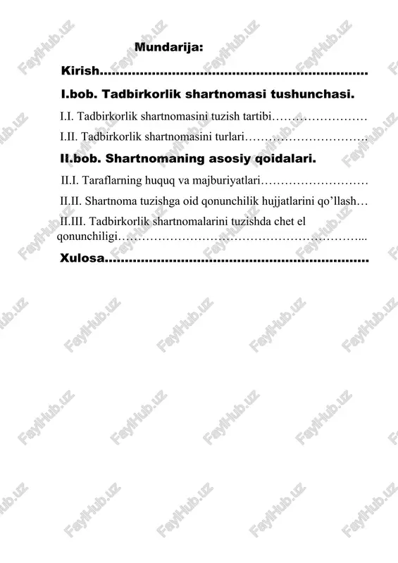 asosiy maqsadi — tadbirkorlik shartnomalarining huquqiy mohiyatini, ularni tuzish tartibi va shartlarini o‘rganish, amaliyotda uchraydigan muammolarni aniqlash hamda ularni hal etish yo‘llarini tahlil qilishdan iborat. kurs ishining vazifalari: 1. tadbirkorlik shartnomalari tushunchasi, huquqiy asoslari va ahamiyatini yoritish; 2. tadbirkorlik shartnomalarining turlarini va ularning o‘ziga xos jihatlarini tahlil qilish; 3. shartnoma tuzish tartibi, shakllari va zaruriy rekvizitlarini o‘rganish; 4. tadbirkorlik shartnomalarida yuzaga keladigan huquqiy nizolar va ularni hal etish usullarini ko‘rib chiqish; 5. amaliyotda uchraydigan misollar asosida shartnoma tuzishdagi muammolarni aniqlash va takliflar ishlab chiqish; 6. o‘zbekiston respublikasi qonunchiligida tadbirkorlik shartnomalarini tartibga soluvchi normalarni tahlil qilish. kurs ishining nazariy amaliy ahamiyati. ushbu kurs ishining nazariy ahamiyati shundan iboratki, unda tadbirkorlik shartnomalarining huquqiy asoslari, ularning turlari, tuzilish tamoyillari va shartlari ilmiy-nazariy jihatdan o‘rganiladi. shuningdek, kurs ishida tadbirkorlik shartnomalari bilan bog‘liq bo‘lgan qonunchilik normalari chuqur tahlil qilinib, mavjud ilmiy qarashlar asosida huquqiy mulohazalar bildiriladi. kurs ishining amaliy ahamiyati esa shundan iboratki, u orqali …