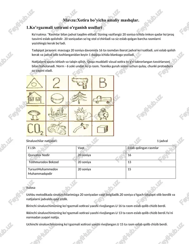 nt, maksimal darajada – 9 ta element. 1.159638562369 4.852 963 741 596 2.369845217269 5.456 123 789 621 3.485213368123 6.841 235 975 033 sinaluvchilar natijalari: 2-jadval f.i.sh vaqt eslab qolingan raqamlar quvvatov nodir 2 min 9 6 10 11 7 12 toshmurodov bekzod 2 min 7 8 11 8 9 10 tursunmuhammedov muhammadqodir 2 min 12 6 8 6 7 8 xulosa biz bu metodika orqali sinaluvchilarning xotira mexanizmlarini qay tarzda yaxshi ishlashini sonlarni berilgan vaqt davoida qanchasini eslab qolishi mumkinligini tekshirdik.sinaluvchilarimizning hammasi talaba bol’lganligi sababli quyi natijalar qayd etilmadi.aksaroyat sinaluvchilarimiz 1-3-qatordagi sonlarni eslab qolishga biroz qiynalishdi .ikkinchi ustindagi sonlarni tez eslab qolib yuqori natijalarni qayd etishdi.bunga sabab ketma-ket kelgan sonlarni assotsiatsiya qilib eslab qoli biroz qiyin,lekin sonlarni 4 xonali ko’rinishini eslab qolish ossonroq bo’ldi. 3-metodika.vigotskiy metodikasi ko’rgazmali xotirani baholash testi · baholash mezoni: · 5–6 shakl to‘g‘ri eslangan – operativ xotira darajasi yuqori · 3–4 shakl – o‘rtacha · 0–2 …