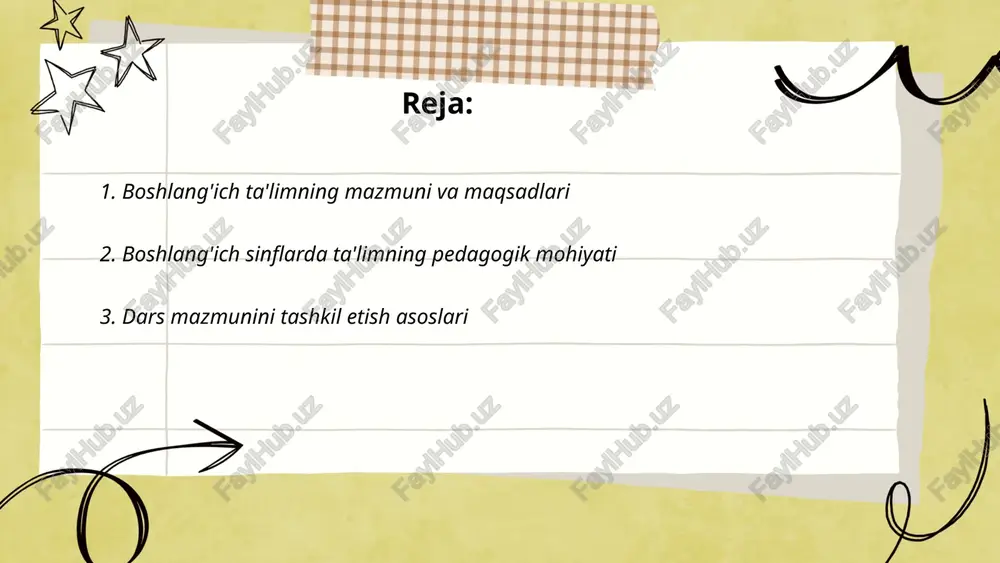 va mazmun muvozanati, amaliy va hayotiy ahamiyat. ... t.me/slaydai_bot 4. ta'lim tamoyillari: faoliyatga yo'naltirish tamoyili faoliyatga yoʻnaltirish tamoyili boshlangʻich taʼlimda oʻquvchini faol ishtirokga jalb qilish, amaliy, muammoli va kontekstga bogʻlangan vazifalar orqali bilim va koʻnikmalarni shakllantirishga qaratilgan. ushbu tamoyil metodikalar: loyiha, eksperiment, rolli oʻyin, guruhli va muammoga yoʻnaltirilgan mashgʻulotlarni qoʻllashni, mustaqillik, ijodkorlik va hamkorlikni rivojlantirishni, nazariyani amaliy faoliyat bilan bogʻlash va baholashni faoliyat natijalariga asoslashni talab qiladi. ... t.me/slaydai_bot rivojlantiruvchi tamoyil boshlangʻich taʼlimda har bir oʻquvchining kognitiv, axloqiy, emosional va ijtimoiy rivojlanishini nazorat qiladi. dars mazmuni bilim berish bilan birga kasb-koriy va ijodiy koʻnikmalarni shakllantirishi kerak. taʼlim zpdni hisobga olib topshiriqlarni differensiallashtirish, faol, muloqotga asoslangan, muammoli oʻqitish orqali mustaqillik va tanqidiy fikrlashni ragʻbatlantiradi. baholash formativ boʻlib rivojlanish dinamikasini kuzatadi va individual reja asosida qoʻllab-quvvatlaydi. ... t.me/slaydai_bot ta'lim tamoyili: individualizatsiya va differentsiyalash boshchilik qiladi. individualizatsiya har bir bolaning qobiliyat, ehtiyoj va rivojlanish sur'atiga mos o'quv maqsadlari, metod va vazifalar belgilashni anglatadi. …