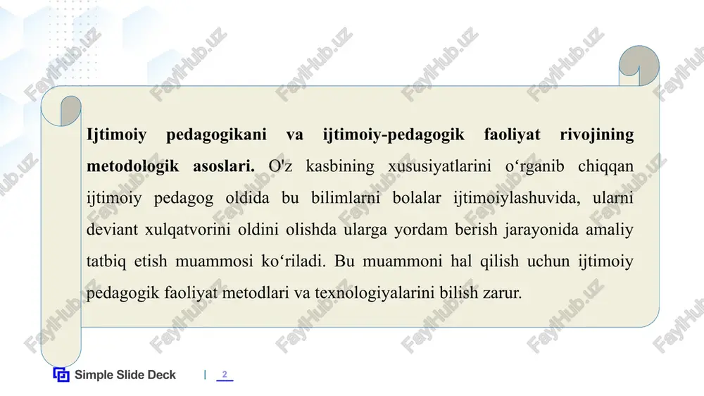 shaxsiy so'rovnomalar: loyihaviy testlar; rasmli testlar: sotsiometriya; 2. psixokorrektsion metodlar: oʻyin terapiyasi; ijtimoiypsixologik trening; xulq-atvor treningi; psixologik maslahat berish metodlari empatik tinglash; sharhlash. simple slide deck 6 pedagogik metodlar: 1. tashkiliy pedagogik eksperiment; pedagogik tashhis metodlari pedagogik kuzatuv; tabiiy eksperiment; 2. ta'lim metodlari ogʻzaki (hikoya, suhbat, bahs, ma'ruza): koʻrgazmali (namoyish, darslik bilan ishlash); amaliy (mashqlar, laboratoriya ishlari, didaktik oʻyinlar, ijodiy topshiriqlar, muammoli vaziyatlar): simple slide deck o’zbekistonda ijtimoiy pedagogikaning rivojlanishi tarixi. ijtimoiy pedagogika mustaqil fan sifatida respublikamiz mustaqillikni qo‘lga kiritgandan so‘ng o‘qitila boshlagan bo’lsada, u ijtimoiy tarbiya, ijtimoiy faoliyat, ijtimoiy himoya ko‘rinishida qadimiy ildizlarga ega. ilk diniy-falsafiy (avesto) va adabiy (alpomish, go‘ro‘g‘li)manbalarda biz insonning ijtimoiy kelib chiqishi nuqtainazaridan pedagogik qarashlarning aks etganini ko‘ramiz. keyinchalik markaziy osiyo hududida islom dinining tarqalishi yangi ma’naviy, axloqiy qadriyatlarni yuzaga keltirdi. ular mintaqadagi oila va jamiyat tarbiyasiga ta’sir ko’rsatdi. simple slide deck 7 ijtimoiy pedagogik g‘oyalar va nazariyalarning shakllanishida sharq uyg‘onish davri olimlarining asarlari alohida …