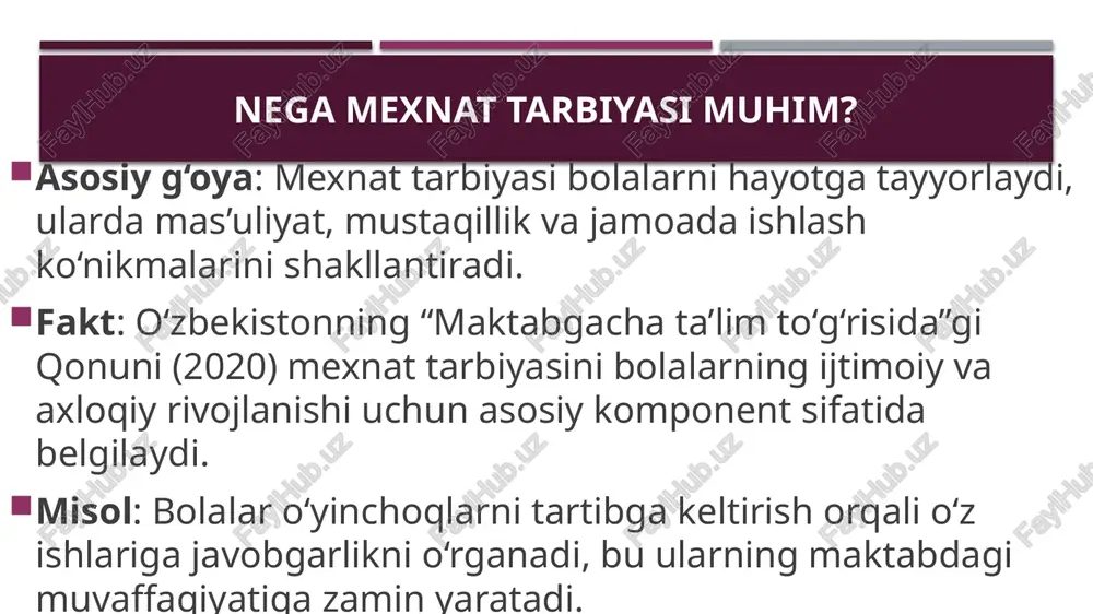 htirok etadi (masalan, bog‘da meva yig‘ish). - taklif: mttlar ota-onalarga seminarlar o‘tkazib, ularni bolalar bilan mehnat faoliyatiga jalb qilish usullarini o‘rgatishi kerak. muvaffaqiyatli tajribalar va natijalar misol: qashqadaryo viloyatidagi mttlarda “kichik hunarmand” loyihasi orqali bolalar gilamchilik va kulolchilik asoslarini o‘rgandi, bu ularning ijodiy va motorik ko‘nikmalarini rivojlantirdi. natija: mexnat tarbiyasi bolalarning maktabga tayyorgarlik darajasini 20% ga oshirgan (2022-yil mtt hisoboti). fakt: bolalar mehnat orqali o‘zlarining qadr-qimmatini his qiladi, bu ularning psixologik barqarorligini mustahkamlaydi. kelajak istiqbollari va takliflar asosiy fikr: mexnat tarbiyasi raqamli asrda yangi imkoniyatlar va texnologiyalar bilan boyitilishi kerak. fakt: 2025-yilga kelib, o‘zbekiston mttlarida steam (science, technology, engineering, arts, mathematics) yondashuvi asosida mexnat tarbiyasi dasturlari kengaytirilmoqda. takliflar: 1. mttlarda interaktiv o‘yin platformalarini joriy etish. 2. tarbiyachilar uchun xalqaro tajriba almashinuvini tashkil qilish. 3. bolalarni ekologik mehnat loyihalariga jalb qilish (masalan, qayta ishlash dasturlari). eʼtiboringiz uchun rahmat! image1.jpeg image2.jpeg image3.jpeg image4.jpeg /docprops/thumbnail.jpeg mavzu: maktabgacha talim muassasalarida mehnat tarbiyasi
