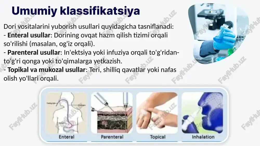 g'iz so'rilishi yomon bo'lgan dorilar uchun. kamchiliklar: og'riq; nerv shikastlanishi xavfi; mushak massasiga bog'liq. teri ostiga (subcutaneous) tavsif: teri osti to'qimasiga in'ektsiya. misollar: insulin, geparin. afzalliklar: sekin so'rilish; o'z-o'zidan qo'llash mumkin; past infeksiya xavfi. kamchiliklar: sekin ta'sir; mahalliy tirnash; joyni almashtirish talab etiladi (lipogiperplaziya oldini olish uchun). topikal va mukozal usullar burun orqali (nasal route) tavsif: burun shilliq qavatiga purkagich yoki tomchi. misollar: dekonjestantlar, vaksinlar. afzalliklar: tez ta'sir; birinchi o'tish effekti yo'q; og'riqsiz. kamchiliklar: burun kasalliklarida samarasiz; doza xatolari. nafas olish orqali (inhalation route) tavsif: ingalyator orqali o'pka epiteliyasiga. misollar: astma dorilari (salbutamol), anesteziya gazlari. afzalliklar: katta sirt maydoni; mahalliy ta'sir; kam doza. kamchiliklar: texnika talab etadi; yo'tal qo'zg'atishi mumkin. teri orqali (transdermal route) tavsif: plaster yoki krem orqali teri orqali so'rilish. misollar: nikotin plastirlar, gormonal kontratseptivlar. afzalliklar: uzoq muddatli (24-72 soat); birinchi o'tish effekti yo'q; og'riqsiz. kamchiliklar: teri tirnashi; barcha dorilar uchun emas. eʼtiboringiz uchun raxmat! image9.png image10.svg image11.png …