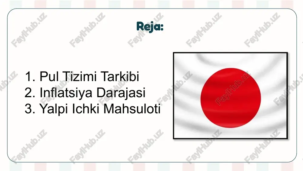 ali pul aylanishini boshqaradi. moliyaviy institutlar orasida katta banklar (mitsubishi ufj, sumitomo mitsui) va sug‘urta kompaniyalari faol. inflatsiya darajasi yaponiya inflyatsiyasi uzoq vaqt davomida deflyatsiya (narxlar pasayishi) muammosi bilan kurashgan bo‘lib, bu iqtisodiy o‘sishni sekinlashtirgan. biroq, 2020-yillardan beri bojning yumshatish siyosati tufayli inflyatsiya o‘smoqda. bojning maqsadli inflyatsiya darajasi – 2% bo‘lib, bu narxlar barqarorligini ta’minlash uchun belgilangan inflatsiya darajasi 2025-yilning avgust oyiga ko‘ra, yaponiyada inflyatsiya darajasi 2,7% ni tashkil etdi, bu iyul oyidagi 3,1% dan pasaygan va 2024-yil oktabrdan beri eng past ko‘rsatkich. asosiy inflyatsiya (oziq-ovqat va energiya narxlarini hisobga olmagan holda) ham 2,7% ga teng bo‘lib, boj maqsadidan yuqori, lekin prognozlarga mos keladi. yaponiya iqtisodiyoti dunyoda uchinchi o‘rinni egallaydi (aqsh va xitoydan keyin). yalpi ichki mahsulot (yaim) iqtisodiy faollikning asosiy ko‘rsatkichi bo‘lib, 2025-yilda taxminan 4,25 trillion aqsh dollarini tashkil etishi kutilmoqda (nominal hisobda). bu 2024-yilga nisbatan 1,5–2% o‘sishni ko‘rsatadi, texnologiya, avtomobilsozlik va eksport tarmoqlarining hisobiga. yalpi ichki mahsuloti aholi …