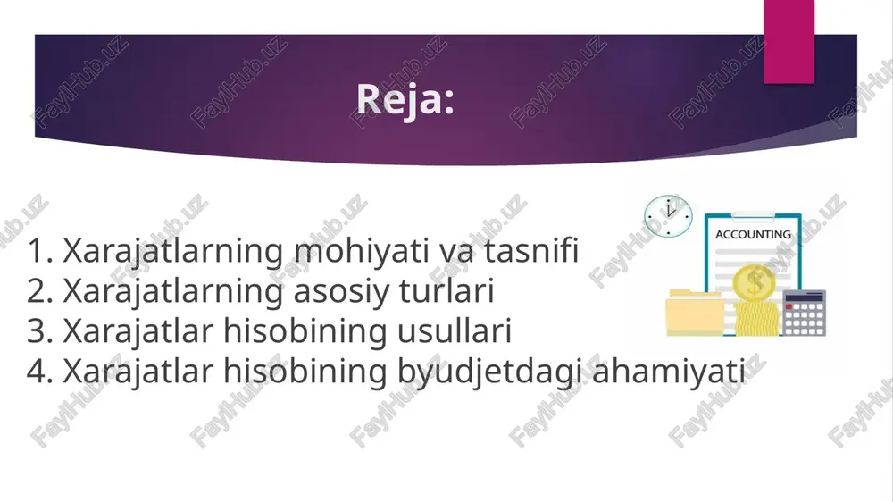 usullari 2. faoliyatga asoslangan xarajatlar hisobi (abc): xarajatlarni faoliyat turlari bo'yicha taqsimlash (masalan, "mijoz buyurtmasini qayta ishlash" faoliyati uchun 10% overhead). afzalligi: aniq taqsimot, samaradorlikni oshirish. byudjetda: katta korxonalarda qo'llaniladi, xarajatlarni 20-30% qisqartirishi mumkin. 3. chegirmali xarajatlar hisobi: faqat o'zgaruvchan xarajatlarni hisobga olish (doimiy xarajatlar davr xarajati sifatida). afzalligi: qisqa muddatli qarorlar uchun (narx belgilash). byudjetda: foyda prognozini aniqlashda foydali. xarajatlar hisobining byudjetdagi ahamiyati byudjet hisobi – bu kelajakdagi daromad va xarajatlar rejasini tuzish jarayoni. xarajatlar hisobi unda markaziy o'rin tutadi: - rejalashtirish: xarajatlar prognozi orqali byudjetni shakllantirish (masalan, daromad rejasiga mos xarajat limitlari belgilash). nazorat: haqiqiy xarajatlar byudjet bilan solishtiriladi (variance analysis – farq tahlili). misol: agar haqiqiy xarajat 10% oshsa, sabablarini aniqlab, tuzatish. qaror qabul qilish: xarajatlar ma'lumotlari asosida narx belgilash, resurslarni taqsimlash va foydani oshirish. afzalligi: samaradorlikni 15-25% yaxshilaydi grafik misol (xarajatlar tuzilishi) xulosa xarajatlar hisobi byudjet hisobining asosi bo'lib, korxona samaradorligini oshiradi. asosiy afzalliklari: xarajatlarni optimallashtirish, …