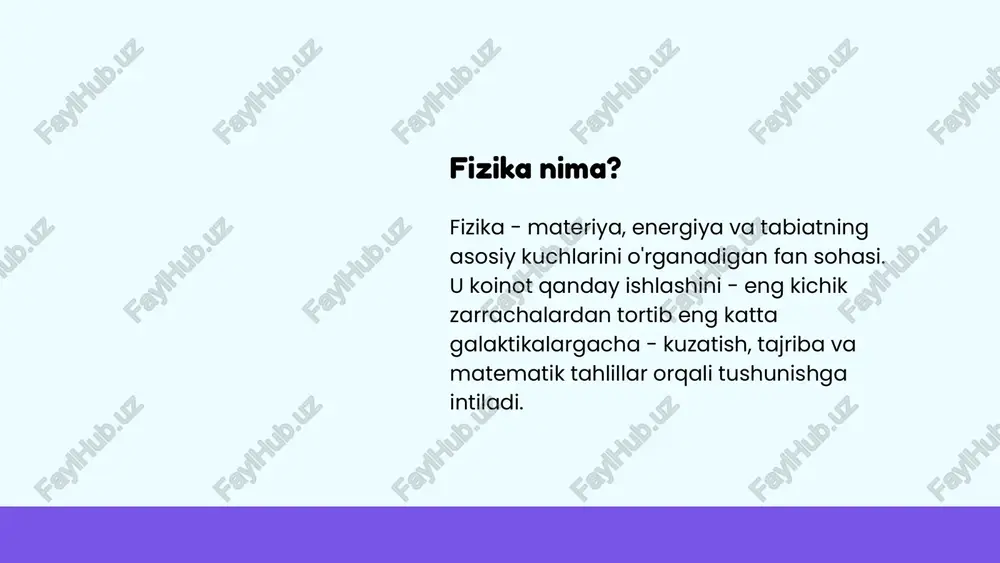 ikkiligini ko'rsatadigan tasvirlaydi. termodinamika (issiqlik va energiya uzatish) termodinamika issiqlik, energiya almashinuvi va ularning materiyaga qanday ta'sir qilishini o'rganadi. termodinamika qonunlariga quyidagilar kiradi: energiyani yaratish yoki yo'q qilish mumkin emas, faqat uzatiladi. izolyatsiya qilingan tizimning entropiyasi (tartibsizligi) doimo ortadi. mutlaq nol (-273,15 ° c) mumkin bo'lgan eng past haroratdir. nisbiylik va kvant fizikasi eynshteynning nisbiylik nazariyasi fazo va vaqtning o'zaro bog'liqligini tushuntiradi va ob'ektlarning yuqori tezlikda qanday harakat qilishini tasvirlaydi. bu energiya va massa o'rtasidagi munosabatni ko'rsatadigan mashhur e = mc² tenglamasiga olib keldi. kvant mexanikasi subatomik zarralarni va ularning g'alati xatti-harakatlarini, shu jumladan to'lqin-zarracha ikkiligi, noaniqlik va kvant chigalligini o'rganadi. fizikaning kundalik hayotda qo'llanilishi transport avtomobillar, samolyotlar va kosmik sayohatlar fizikaga tayanadi. tibbiyot fanlari rentgen nurlari, mri apparatlari va radiatsiya terapiyasi fizika tamoyillaridan foydalanadi. texnologiya smartfonlar, kompyuterlar va lazerlar fizika tufayli ishlaydi. energiya ishlab chiqarish quyosh panellari, shamol turbinalari va yadro reaktorlari fizikadan foydalanadi. image1.gif /docprops/thumbnail.jpeg fizika