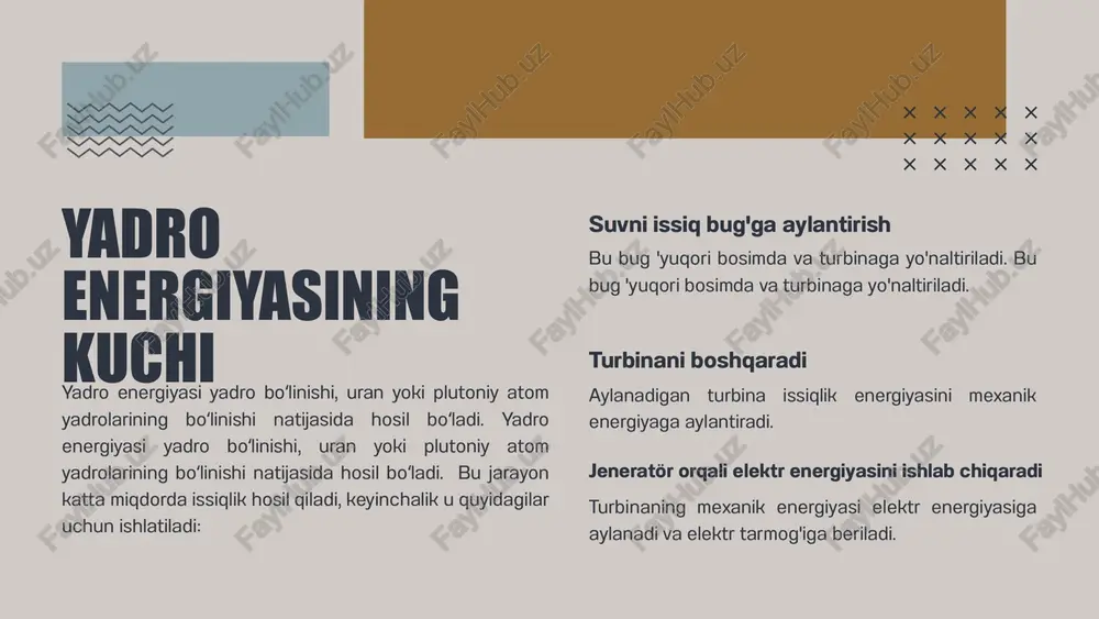 a manbai hisoblanadi. bundan tashqari, uning samaradorligi va ekspluatatsiya xavfsizligini oshirish uchun zamonaviy yadro texnologiyasi doimiy ravishda ishlab chiqilmoqda. dunyo bo'ylab yadroviy energiya yadro energetikasi dunyoning ko'plab mamlakatlari elektr tizimlarining muhim qismiga aylandi. rivojlangan davlatlar ushbu texnologiyadan o'zlarining muhim energiya ehtiyojlarini qondirish va uglerod chiqindilarini kamaytirish uchun foydalanadilar. reaktor texnologiyasi ham xavfsizlik, samaradorlik va barqarorlikka e'tibor qaratgan holda tobora takomillashtirilmoqda. yadro energetikasi dunyoning ko'plab mamlakatlari elektr tizimlarining muhim qismiga aylandi. rivojlangan davlatlar ushbu texnologiyadan o'zlarining muhim energiya ehtiyojlarini qondirish va uglerod chiqindilarini kamaytirish uchun foydalanadilar. reaktor texnologiyasi ham xavfsizlik, samaradorlik va barqarorlikka e'tibor qaratgan holda tobora takomillashtirilmoqda. yadro reaktorlarining turlari bosimli suv reaktori dunyo bo'ylab eng keng tarqalgan reaktor turi. qaynayotgan suv reaktori fast breeder reaktor kichik modulli reaktor bu pwr ga qaraganda sodda, ammo qo'shimcha xavfsizlik tizimlarini talab qiladi. moderatordan foydalanmaydi va iste'mol qilganidan ko'ra ko'proq yoqilg'i ishlab chiqarishga qodir. kichik, modulli reaktorlarni qurish oson va o'rta hajmdagi energiya …