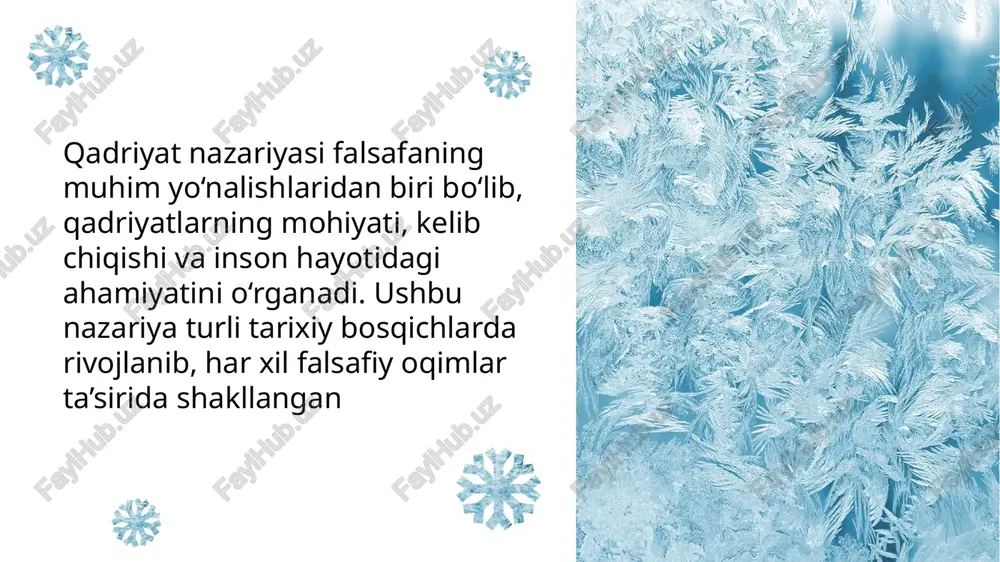 imperativi – immanuil kant qadriyatlarni inson aqli va axloqiy burch bilan bog‘lab, "harakatlar insoniyatga hurmat bilan yondashish tamoyiliga asoslanishi kerak" degan g‘oyani ilgari surgan. utilitarizm (bentam, mill) – qadriyatlarning amaliy foydaga bog‘liqligi tushunchasi ilgari surildi. ular bo‘yicha "eng ko‘p kishiga eng katta baxt keltiradigan harakat eng oliy qadriyat hisoblanadi". 6 f. nietzsche – qadriyatlar insonning irodasi bilan bog‘liq va ularni kuchlilar belgilaydi. nietzsche an’anaviy qadriyatlarni rad etib, "yangi qadriyatlar yaratish" g‘oyasini ilgari surgan xix asrda qadriyatlar nazariyasining mustaqil yo‘nalish sifatida shakllanishi xix asrga kelib, qadriyat nazariyasi mustaqil falsafiy yo‘nalish sifatida rivojlandi g. v. f. gegel – qadriyatlarni tarixiy taraqqiyot natijasi sifatida tushuntirgan va ularni absolyut ruhning rivojlanishi bilan bog‘lagan. m. sheler va rikkert – aksiologiyani (qadriyatlar falsafasini) mustaqil soha sifatida shakllantirgan faylasuflar. ular qadriyatlarning obyektiv va subyektiv jihatlarini tadqiq etishgan xx asr va zamonaviy qadriyat nazariyalari xx asrda qadriyatlar nazariyasi yanada kengayib, yangi yondashuvlar shakllandi. ekzistensializm (sartre, kamyu) – qadriyatlar …