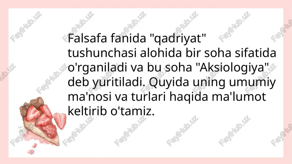 , ratsionallik, bilim. 6. ekzistensial qadriyatlar – inson hayotining mazmuni, erkinlik va mas’uliyat. 7. aksiologiyaning zamonaviy ahamiyati hozirgi zamon falsafasida aksiologiya quyidagi sohalarda qo‘llaniladi: etika va axloq falsafasi – inson xulq-atvori va axloqiy me’yorlar asoslarini belgilaydi. sotsiologiya va madaniyatshunoslik – jamiyatdagi qadriyatlarning shakllanishi va evolyutsiyasini o‘rganadi. psixologiya va pedagogika – insonning qadriyatlarga munosabatini tahlil qiladi. globalizatsiya va madaniyatlararo aloqalar – turli xalqlar qadriyatlari va ularning o‘zaro ta’sirini tushuntiradi. aksiologiya falsafaning muhim yo‘nalishlaridan biri bo‘lib, inson hayoti va jamiyat taraqqiyotida qadriyatlarning o‘rnini aniqlashga xizmat qiladi. u qadriyatlar tabiatini tushuntirish, ularning rivojlanish qonuniyatlarini ochib berish va ularning hayotdagi ahamiyatini tadqiq qilish orqali inson ongini boyitadi va ijtimoiy taraqqiyotga hissa qo‘shadi. e'tiboringiz uchun rahmat! image1.png image2.png image3.png image4.png image5.png image6.png image7.png image8.png image9.png hi summer! hi summer! hi summer!