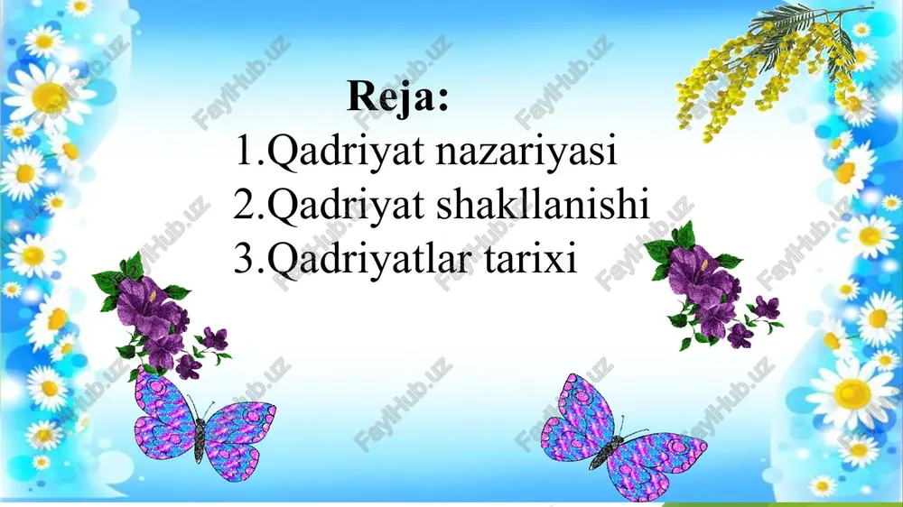 lish uni kategoriya sifatidagi mohiyati, mazmuni, obyektiv asosi, namoyon bo'lish shakllari va xususiyatlarini o'rganish imkonini beradi. qadriyat kategoriyasi faqat buyum va narsalarning iqtisodiy qimmatini emas, jamiyat va inson uchun biror ahamiyatga ega bo'lgan voqelikning shakllari, holatlari, narsalar, voqealar, hodisalar, talab va tartiblar va boshqalarning qadrini ifodalash uchun ishlatiladi. ijtimoiy jarayonlar ta'sirida kishilarming qadryatlar to'g'risidagi qarashlari o'zgarib boradi. tarixiy zaruriyaga qarab goh u, goh hu qadriyat ijtimoiy taraqqiyotning oldingi safiga chiqadi. qadriyatlar tarixi qadriyatlar mavzusining tarixi, ildizlari va insoniyatga hos qadrlash tamoyillari shakllanishi uzoq o'tmishga ega. g'arb olimlari bu borada, asosan, yevropa madaniy merosi va g'oyalariga tayanadilar, ko'plab allomalarning nomlarini tilga oladilar. g'arbda qadriyatlar bilan shug'ullanadigan falsafiy soha aksiologiya (aksio -qadriyat, logos ta'limot) fanining shakllangani ham ularning bunday qarashlari uchun muayyan asos bo'ladi. biz suqrot va aflotun, arastu va hegellar katta e'tibor bergan bu mavzuning g'arb falsafasida o'z tarixiga ega ekanligiga shubha qilmaymiz. qadriyatlar mavzusining tarixi, ildizlari va insoniyatga hos qadrlash …