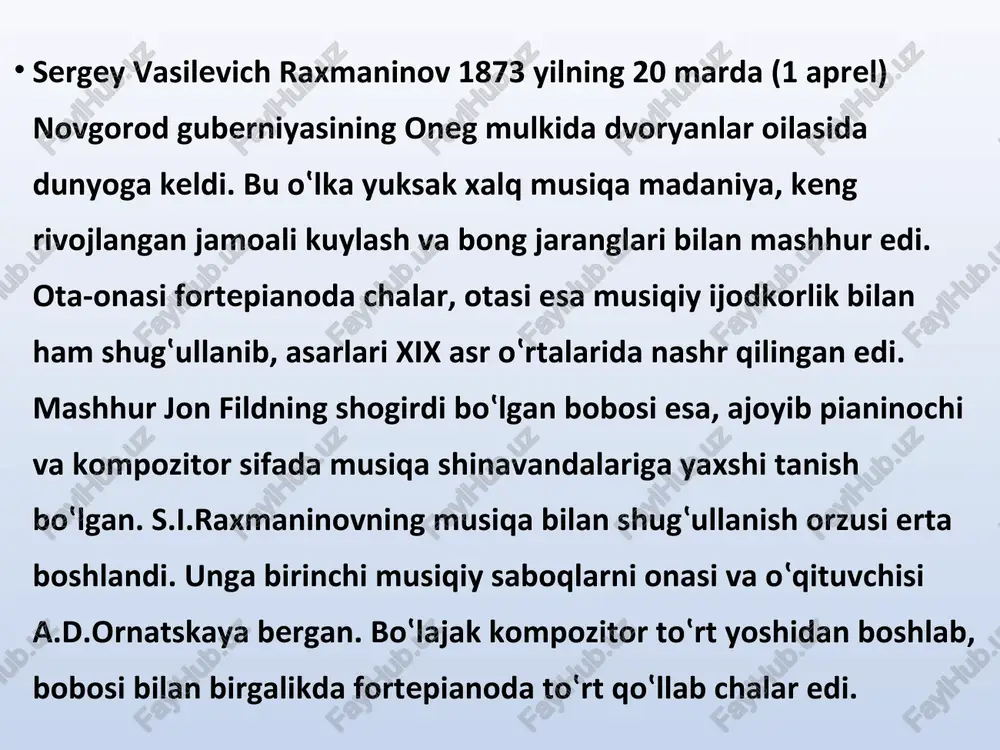 ha katta oltin medal bilan tugatadi. uning nomi a'lochilarning marmar taxtasiga kiritiladi. talabalik davrida raxmaninov bir qator vokal va cholg‛u asarlarni yaratgan bo‛lib, ularning ichida, keyinchalik 1917 yilda qayta ishlangan, fortepiano va orkestr uchun yozilgan fa diez minor kontserti alohida e'tiborga loyiq. o‛n etti kunda a.s.pushkinning «lo‛lilar» poemasi syujetiga yozilgan bir aktli «aleko» operasi uning bitiruv diplom ishi bo‛lgan. chaykovskiy raxmaninovda to‛g‛ri yo‛lni tanlaganiga bo‛lgan ishonch so‛nmasligi uchun, uni doimo qo‛llab-quvvatlardi – ungabuyurtmalar topib,xolis yordam berar, ilgariroq esa «aleko» operasini moskva va kiev shaharlarida sahnalashtirishiga ham ko‛maklashgan edi. kutilmaganda chaykovskiy vafot etadi. bu og‛ir zarba raxmaninovni iztirobga soladi va u buyuk kompozitorning xotirasiga bag‛ishlab fortepiano, skripka va violonchel uchun «buyuk san'atkorning xotirasiga elegik trio»ni yaratadi. kontsertlar berish bilan birga raxmaninov turli xil janrdagi asarlar ustida ishlaydi. bular qatoriga «beshta fantaziya pesalari» (3-or), «salon pesalari», fortepiano uchun ansambllar, ikkita syuita va boshqa asarlari kiradi. uning romanslari 90-yillarning o‛zidayoq tan olingan edi. …