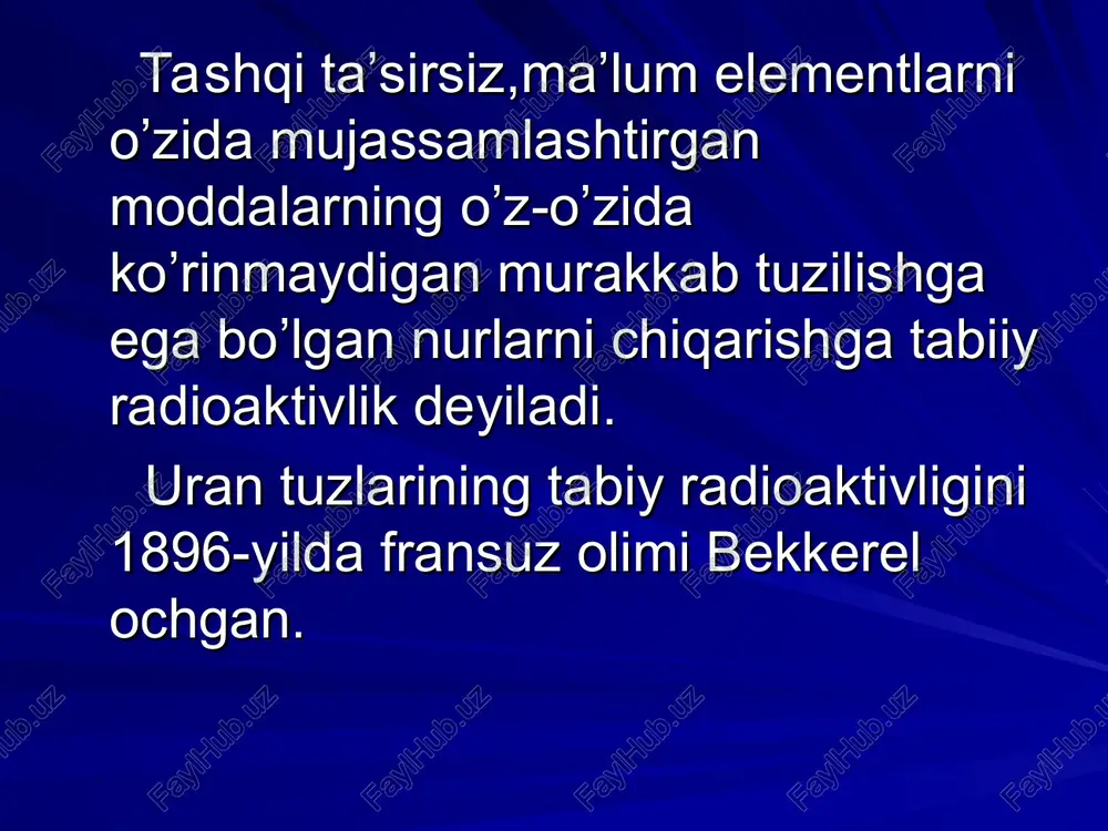 iy . radon parchalanib poloniy va geliyni beradi va h.k. a- radioaktivlikda yadroning zaryadi 2ta birlikka kamayadi, massa soni esa 4birlikka kamayadi. parchalanish maxsuloti mendelyeyev jadvaliga 2ta katakka chapga joylashadi. parchalanishning umumiy sxemasi: b-parchalanish 3xil bo’ladi: elektron, pozitron va e-yutish. elektron parchalanishda massa soni(a) massa soni o’zgarmaydi,zaryadi bir birlikka ortadi,mendelyeyev jadvalida o’ngga bitta katak surilish ro’y beradi: n →p+b- +v (antineytrino) pozitron parchalanishda massa soni o’zgarmaydi.zaryadi bir birlikka kamayadi: zxa →z-1ya+-1b0+0 misol p →n+b+ +v (neytrino) e-yutish (elektron yutish ).bu tur radioaktivlik shundan iborarki, yaro tomondan atomning ichki elektronlaridan birini tutib olib,yadrodagi protonni neytronga aylanishi bilan sodir bo’ladi. zxa+-b0 →z-1ya p +-b0 = n+v misol; 4be7 +-b0 →3li7 a- zarrachalarning energiyasi diskret, shuning uchun uning energiya spektri chiziqli bo’ladi. b – zarrachalarning energiyasi o dan egacha mumkin bo’lgan barcha qiymatlani qabul qiladi,shuning uchun energiya spektri tutashdir. qaysi ichki sathdan yadro tomondan elektronni tutib olishiga qarab k-tutish, l- tutish va x.k.larni …