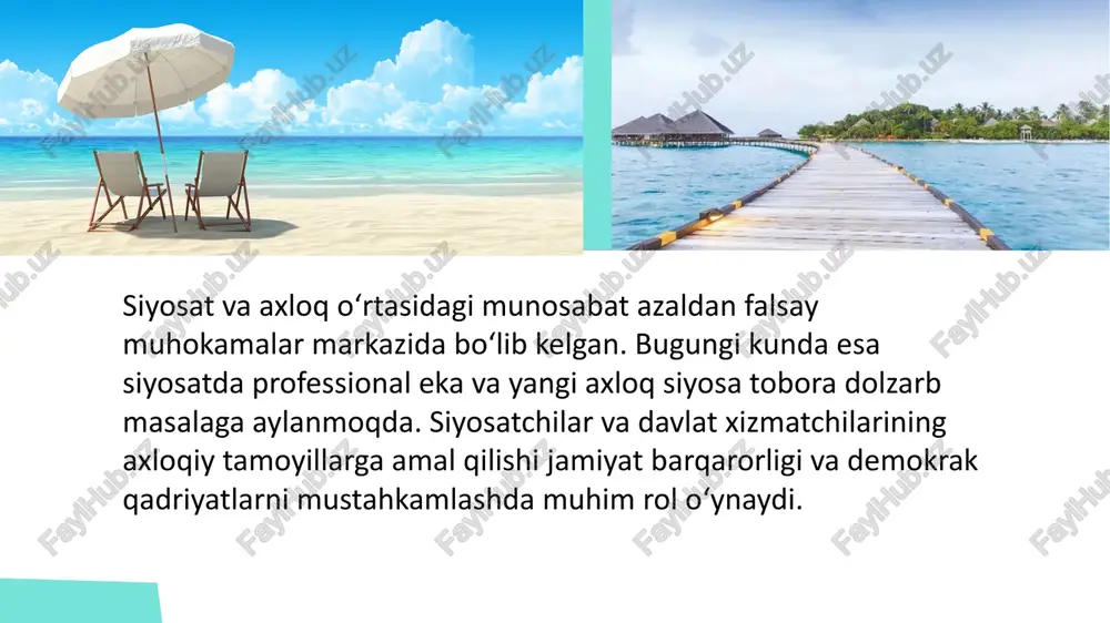 h uchun ba’zan axloqiy normalarni buzishi mumkin" degan pragmatik yondashuvni ilgari surgan. yangi davr va zamonaviy siyosat jon lokk va monteskyö – siyosatda huquqiy tamoyillarga amal qilish, shaxsiy erkinlik va axloqiy mas'uliyatni birlashtirish zarurligini ta’kidlagan. immanuil kant – siyosat axloqiy prinsiplar asosida olib borilishi kerak deb hisoblagan. max veber – "siyosatchilar uchun axloqning ikki turi bor: niyatlar axloqi va mas'uliyat axloqi". yangi axloq siyosati: zamonaviy talqin axloqiy boshqaruv va demokratik qadriyatlar hozirgi davrda demokratik davlatlarda siyosatchilar axloqiy tamoyillarga qat’iy amal qilishi talab etiladi. shu sababli yangi axloq siyosati quyidagi yo‘nalishlarda rivojlanmoqda: 1. shaffoflik va korrupsiyaga qarshi kurash – korrupsiyaga qarshi qonunchilik mustahkamlanmoqda. 2. ommaviy axborot vositalarining roli – matbuot siyosatchilarning axloqiy tamoyillarga amal qilayotganini nazorat qiladi. 3. fuqarolik jamiyati va jamoatchilik ishtiroki – siyosiy qarorlar fuqarolar manfaatlari asosida qabul qilinishi lozim. 4. siyosatchilar uchun axloqiy kodekslar – davlat rahbarlari va amaldorlar uchun axloqiy kodekslar joriy etilmoqda. siyosiy etika va amaliy …