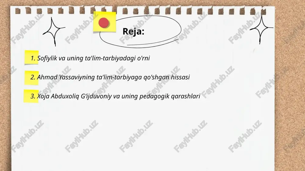 liyaga ham yoyilgan. yassaviy 1166 yilda vafot etgan va uning me’rosi hanuz dolzarb. ... t.me/slaydai_bot xoja abduxoliq gʻijduvoniy (1103–1179) markaziy osiyoda mashhur tasavvuf arbobi va pedagogdir. u gʻijduvon shahrida tugʻilgan va buxoro yaqinida faoliyat yuritgan. uning asosiy pedagogik qarashlari axloqiy tarbiya, ma'naviy yetuklik va ta'lim orqali inson kamolotiga erishishga qaratilgan. u murakkab tasavvufiy masalalarni oddiy tilda ifodalay olgan. gʻijduvoniy oʻz zamonasidagi ilmiy va diniy maktablarda muhim ta'sirga ega boʻlgan va oʻzidan keyin koʻplab shogirdlar qoldirgan. uning qarashlari asosan tasavvufiy ta'limotlardan olingan va nafsni poklash, ichki go'zallikni oshirish kabi gʻoyalarga asoslangan. ... t.me/slaydai_bot bahouddin naqshband, taniqli naqshbandiya tariqatining asoschisi, o‘zining ta'lim-tarbiyaga oid ruhiy qadriyatlari bilan mashhur. u 1318 yilda buxoroda tug‘ilib, 1389 yilda vafot etgan. naqshband “dil ba yoru, dast ba kor” (“yurak do'st bilan, qo'l esa ishda”) tamoyilini asos qilib olgan. ularning 11 ta asosiy tamoyili bo‘lib, ular tasavvuf yo‘nalishidagi ruhiy kamolot va axloqiy tarbiyani o‘z ichiga oladi. naqshband ta'limoti …