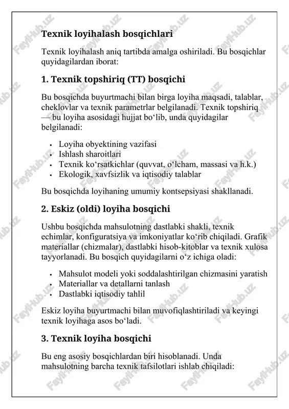 osa tayyorlanadi. bu bosqich quyidagilarni o‘z ichiga oladi: · mahsulot modeli yoki soddalashtirilgan chizmasini yaratish · materiallar va detallarni tanlash · dastlabki iqtisodiy tahlil eskiz loyiha buyurtmachi bilan muvofiqlashtiriladi va keyingi texnik loyihaga asos bo‘ladi. 3. texnik loyiha bosqichi bu eng asosiy bosqichlardan biri hisoblanadi. unda mahsulotning barcha texnik tafsilotlari ishlab chiqiladi: · aniqlashtirilgan chizmalar · materiallar bo‘yicha texnik spetsifikatsiyalar · konstruktiv hisoblar (mustahkamlik, issiqlik, energiya va b.) · ishlash printsipi va texnologik jarayon bu bosqichda ishlab chiqilgan hujjatlar bo‘yicha mahsulotni ishlab chiqarishga tayyorlash mumkin bo‘ladi. shuningdek, texnik loyihada zarur bo‘lsa, prototiplar (namunalar) ishlab chiqiladi va sinovdan o‘tkaziladi. 4. ishchi hujjatlar tayyorlash bosqichi texnik loyiha asosida mahsulotni ishlab chiqarish, yig‘ish, sinash va foydalanishga oid barcha zarur hujjatlar yaratiladi. bularga quyidagilar kiradi: · ishlab chiqarish chizmalari (detallar, yig‘malar) · montaj sxemalari · texnologik yo‘riqnomalar · sinov va nazorat ko‘rsatkichlari · ekspluatatsiya bo‘yicha ko‘rsatmalar bu hujjatlar gost, iso, o‘z dst kabi standartlarga …