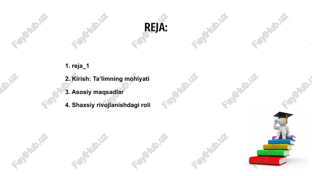 po etishga xizmat qiluvchi vosita sifatida qaraladi. ijtimoiy vazifalari madaniy merosni yetkazish taʼlimning asosiy vazifalaridan biri bu madaniy merosni avlodlarga yetkazishdir. bu jarayon orqali milliy qadriyatlar saqlanadi hamda rivojlanadi. madaniy merosni o‘rgatish orqali yoshlar o‘z tarixini, an’analarini va urf-odatlarini bilib oladi. ular bu tushunchalarni shakllantirishda ta’lim muhim rol o‘ynaydi. zamonaviy taʼlim tizimi madaniy merosni zamon talablari asosida yetkazadi. bu orqali o‘quvchilar o‘zligiga sodiq, ziyoli shaxs bo‘lib ulg‘ayadi. kasbiy tayyorgarlik 01 taʼlimning asosiy vazifalaridan biri bu yosh avlodni qoʻllab-quvvatlash, ularni bilimli va maʼnaviy yuksak shaxslar sifatida shakllantirishdan iboratdir. 03 saturn kasbiy tayyorgarlik orqali o‘quvchilar zamonaviy kasblar sirlarini o‘zlashtiradilar, bu esa ularning mehnat bozorida muvaffaqiyatli bo‘lishini taʼminlaydi. 02 zamonaviy taʼlim jarayonida kasbiy yoʻnaltirish va malaka oshirish uslublari muhim bo‘lib, ularning samarali natijalarga olib kelishi taʼlim sifatini oshiradi. mars innovatsiyalar va fan taʼlimning asosiy vazifalaridan biri innovatsiyalarni rivojlantirish orqali yoshlarni yangicha fikrlash va raqobatbardosh kasb-hunarga yoʻnaltirishdan iborat bo‘ladi. fan orqali ilmiy izlanishlarga asoslangan …