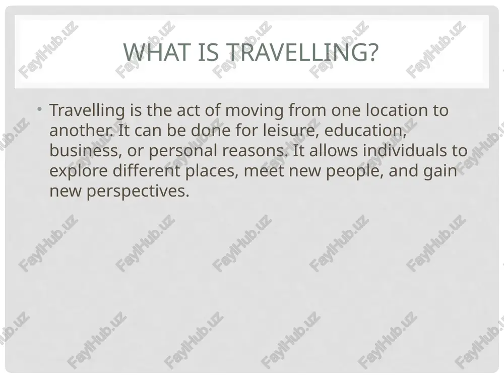 l safety tips stay safe while travelling: - keep your documents and money secure - be aware of your surroundings - follow local laws and customs - have travel insurance in case of emergencies - keep contact information of your embassy eco-friendly travel protect the environment while you travel: - use public transport or bike when possible - avoid using plastic bottles and bags - stay in eco-friendly hotels - support local businesses and buy local products challenges of travelling travelling is exciting but can be challenging: - language barriers and communication difficulties - health issues in unfamiliar environments - culture shock and homesickness - delays, cancellations, and lost luggage conclusion travelling is one of the best ways to learn, grow, and enjoy life. it connects us with people from all over the world, expands our knowledge, and creates lifelong memories. so, pack your bags and explore the world! /docprops/thumbnail.jpeg …