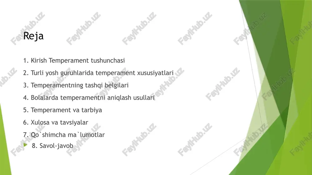 ilishadi ba`zi bolalar juda faol va harakatchan bo`lishadi boshqalari esa kam harakat qilishadi ba`zi bolalar yangi vaziyatlarga tezda moslashadi boshqalari esa qo`rqishadi va noqulaylik his qilishadi temperament bolaning o`rganishi o`yinlari va ijtimoiy aloqalariga ta`sir qiladi bolalar bilan ishlashda ularning temperamentini hisobga olish muhimdir yosh bolalik davridagi temperament maktabgacha yoshdagi bolalarda temperamentning tashqi belgilari yanada rivojlangan bo`ladi bolalar o`z tengdoshlari bilan o`zaro munosabatlarida temperamentlarining xususiyatlarini namoyon qilishadi ba`zi bolalar do`stona va hamkorlikka moyil bo`lishadi boshqalari esa o`jar va mustaqil bo`lishadi ba`zi bolalar osongina xafa bo`lishadi boshqalari esa sabrliroq bo`ladi maktabgacha yoshdagi bolalar bilan ishlashda ularning temperamentini hisobga olish muhimdir chunki bu ularning o`rganishi va ijtimoiylashuviga ta`sir qiladi maktabgacha yoshdagi bolalarda temperament kichik maktab yoshidagi bolalarda temperamentning xususiyatlari yanada shakllanib boradi bolalar maktabga moslashish jarayonida o`zlarining temperamentlarini namoyon qilishadi ba`zi bolalar o`qishga qiziqish bildirishadi boshqalari esa o`qishdan qochishadi ba`zi bolalar o`qituvchilar bilan osongina munosabat o`rnatadi boshqalari esa qiyinchiliklarga duch kelishadi ularning temperamentini …