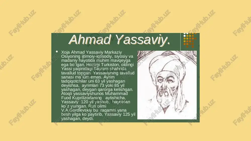 ladi va uning tarbiyasi opasi gavhar shahnoz zimmasiga tushadi. keyin ular yassiga ko*chib borishadi. yosh ahmad birinchi ustozi arslon bob bilan uchrashadi, undan tahsil oladi. a jasex adasheth bictowa axmag saccasuit xmkmataap turklib * imom muhammad hanafiy ibn ali aviodidan bo lganligi uchun ham “xoja” laqabi berilgan yassaviy hazratlari “ahmad yassaviy”, “xoja ahmad”, “xoja ahmad yassaviy”, “qul xoja ahmad” singari ismlar bilan tilga olingan yassaviyning ibrohim ismli o-g li, javhar xushnoz, javhar shahnoz ismli qizlari bo lgan. naslu nasabi javhar shahnoz orgali davom etgan. & aa od € hikmatlar - ahmad yas.. c «<@ vy ishq dardini oshiqlarg’a tuhfa berdi 29 ishq dardini oshiglarg’a tuhfa berdi, shavq o'tida o'rtab-yonib kuydum mano. muhabbatni sharobini to’yo berdi, sarmast bo'lub raqsu samo’ urdum mano. ishqi tushti g arib boshg’a, turolmadim, xalq ichinda togat qilib yurolmadim. majnun sifat xelu xeshim ko‘rolmadim, biyobonni vatan qilib yurdum mano. biyobonni qumlarini ko°zga surttum, «jondin kech!» deb nido …
