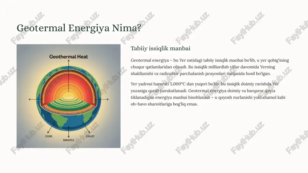 (80-170°c) issiqlik almashtirgich orqali boshqa past qaynash haroratiga ega suyuqlikni bug'ga aylantiradi. atrof-muhitga eng kam ta'sir ko'rsatadi past haroratli resurslarda samarali 4 geotermal energiya ishlash printsipi 1. qazib olish maxsus quduqlar orqali yer ostidan issiq suv yoki bug' 1-3 km chuqurlikdan yuqoriga chiqariladi. bu jarayon yuqori texnologik uskunalar bilan amalga oshiriladi. 2. energiya ishlab chiqarish bug' turbinalarni yuqori tezlikda aylantiradi, bu esa generatorlar yordamida mexanik energiyani elektr energiyasiga aylantiradi. jarayon uzluksiz davom etadi. 3. qayta ishlash sovutilgan suv va kondensat yana yer ostiga maxsus quduqlar orqali qayta singdiriladi. bu resursni barqaror saqlash va uzoq muddatli foydalanishni ta'minlaydi. ushbu siklik jarayon geotermal energiya ishlab chiqarishni uzluksiz va samarali qiladi. har bir bosqich ehtiyotkorlik bilan nazorat qilinadi va avtomatlashtirilgan tizimlar orqali boshqariladi. 5 geotermal energiya afzalliklari doimiy energiya kun va tun, yoz va qish farqi qilmay 24/7 ishlaydi. quyosh yoki shamol energiyasidan farqli ravishda, ob-havo sharoitlariga mutlaqo bog'liq emas. ekologik toza karbonat …