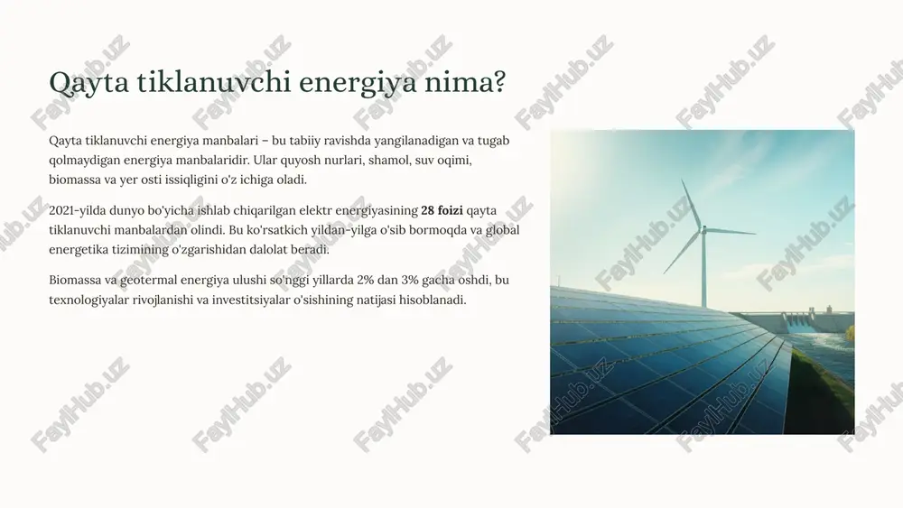 ssa va kichik energiya manbalari bu hududlarni barqaror elektr bilan ta'minlashda muhim rol o'ynaydi va markazlashtirilgan tarmoqlarga bog'liqlikni kamaytiradi. chiqindilardan samarali foydalanish qishloq xo'jaligi chiqindilari – paxta poyasi, donli ekinlar qoldiqlari, chorva mollar axlati – biomassa energiyasi ishlab chiqarish uchun qimmatli xom ashyo hisoblanadi. bu ekologik muammolarni ham hal qiladi. tabiiy gazni eksportga yo'naltirish biomassa energiyasidan ichki ehtiyojlar uchun foydalanish orqali qimmatbaho tabiiy gazni xalqaro bozorlarga ko'proq eksport qilish va davlat byudjetiga qo'shimcha daromad keltirish imkoniyati yaratiladi. 5 o'zbekistonda biomassa va qayta tiklanuvchi energiya rivojlanishi 4b ishlab chiqarilgan energiya 2024-yilda quyosh va shamol elektr stansiyalari tomonidan kilovatt-soat 1.2b tejaldi kub metr tabiiy gaz tejab qolindi 1.6m kamaydi tonna zararli gaz chiqindilari kamaytirildi 40% 2030-yil maqsadi yashil energiya ulushi nisbati hukumat tomonidan 2030-yilgacha yashil energiya ulushini 40 foizga oshirish bo'yicha yo'l xaritasi ishlab chiqilgan. bu strategiya investitsiyalarni jalb qilish, zamonaviy texnologiyalarni joriy etish va xalqaro hamkorlikni kengaytirishni nazarda tutadi. 6 samarqanddagi …