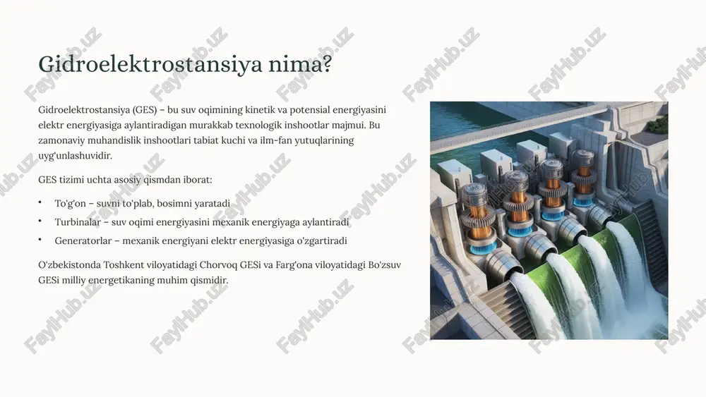 ta'minotida favqulodda holatlarda tezkor quvvatni ta'minlash qobiliyati. turbinalarni bir necha daqiqada ishga tushirish mumkin, bu energiya tizimida muvozanatni saqlashda juda muhimdir. issiqlik elektr stansiyalari esa ishga tushishi uchun soatlab vaqt talab qiladi. 4 iqtisodiy jihatlari 1 boshlang'ich sarmoya dastlabki qurilish xarajatlari yuqori bo'lsa-da, bu bir martalik investitsiya hisoblanadi. to'g'on va turbinalar 50-100 yilgacha xizmat qiladi. 2 past ekspluatatsiya ishga tushgandan so'ng geslarning ekspluatatsiya xarajatlari juda past. yoqilg'i sotib olish, ko'mir yoki gaz import qilish kerak emas. 3 barqaror narxlar suv narxi o'zgaruvchan emas va jahon bozoriga bog'liq emas. bu energiya xavfsizligi va iqtisodiy barqarorlikni ta'minlaydi. 4 uzoq muddatli foyda vaqt o'tishi bilan geslar o'z qiymatini to'liq qaytaradi va keyingi o'nlab yillar davomida foyda keltiradi. masalan, paragvay va braziliya chegarasidagi itaypu gesi – dunyodagi eng yirik gidroelektrostansiyalardan biri. u har yili 103 milliard kilovatt-soat energiya ishlab chiqarib, ikkala davlat uchun arzon va barqaror energiya manbai bo'lib xizmat qilmoqda. bu ulkan inshoot …