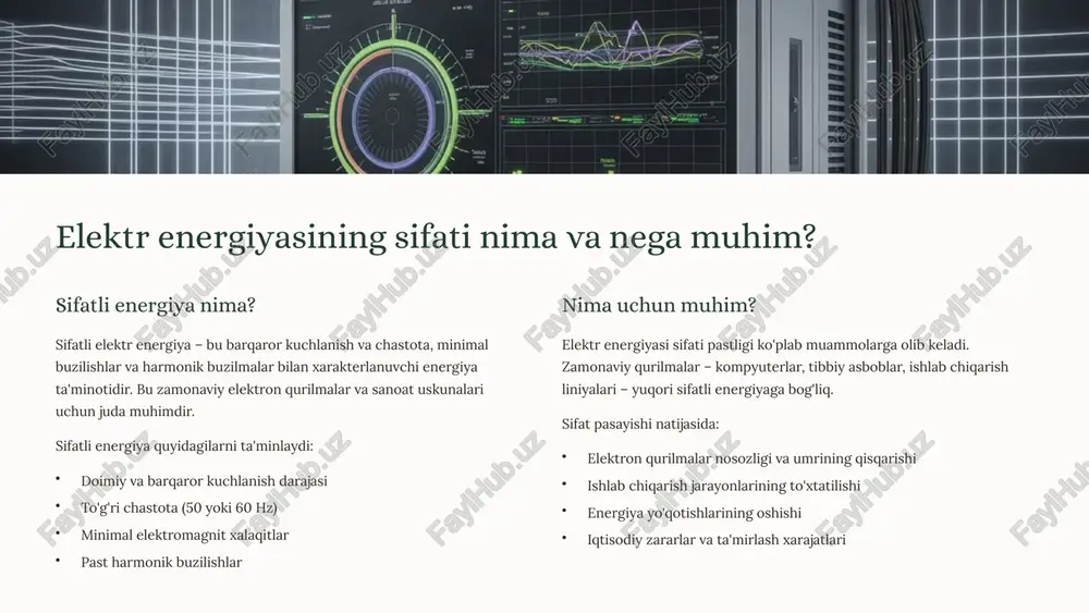 chun eng yaxshi tanlovdir. 3 tabiatdan toza energiya qayta tiklanuvchi energiya manbalari – bu bizning sayyoramizning kelajagi. quyosh panellari va shamol turbinalari texnologiyalari tezkor rivojlanmoqda va butun dunyo bo'ylab millionlab uylar va korxonalarni energiya bilan ta'minlamoqda. 4 quyosh energiyasi: elektr ishlab chiqarishda inqilob 01 fotovoltaik effekt quyosh nuri fotovoltaik panellarga tushganda, yarim o'tkazgich materiallar (asosan kremniy) ichida elektronlar harakatlanadi va elektr toki hosil bo'ladi. bu jarayon to'g'ridan-to'g'ri yorug'likni elektr energiyasiga aylantiradi. 02 uzoq xizmat muddati zamonaviy fotovoltaik panellarning xizmat muddati 20-25 yilgacha, ba'zan esa 30 yilgacha davom etadi. ular minimal texnik xizmat ko'rsatishni talab qiladi va faqat vaqti-vaqti bilan tozalashni taqozo etadi. 03 energiya saqlash quyosh energiyasi kechasi ishlab chiqarilmaydi va bulutli kunlarda kamayadi. ammo zamonaviy litiy-ion batareyalar va boshqa energiya saqlash tizimlari yordamida kunduzi ishlab chiqarilgan energiyani saqlash va tunda ishlatish mumkin. afzalliklar nol karbon chiqindilari minimal operatsion xarajatlar masofaviy joylarda mustaqil energiya ta'minoti narxlarning tez pasayishi (so'nggi 10 …