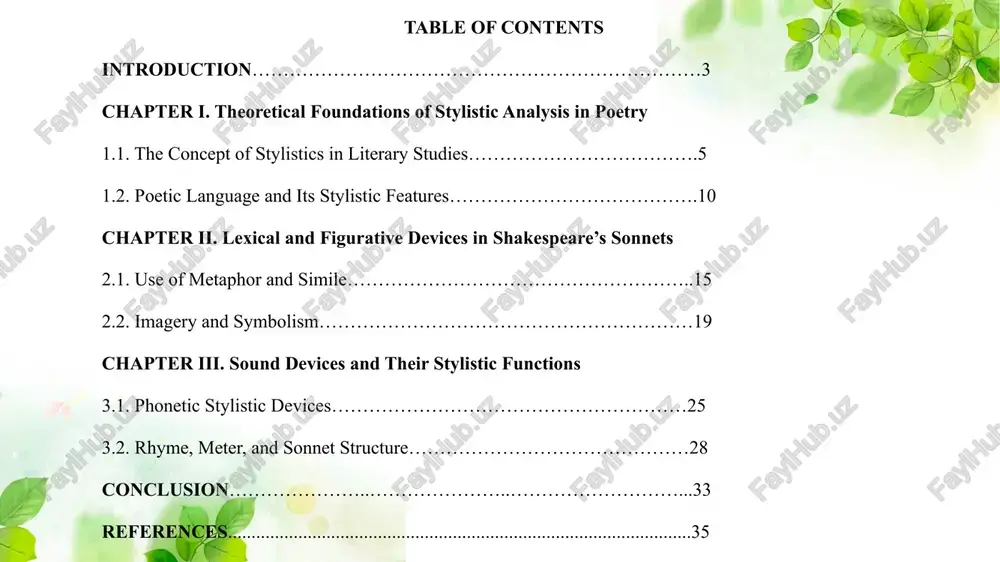 fic effects. it connects linguistic analysis with literary interpretation, helping us understand how word choice, sentence structure, and figurative language influence meaning. in literature, stylistics reveals how authors shape tone, emotion, and artistic expression through language. this approach is essential in analyzing poetry, where every linguistic detail can carry deeper significance. 1.2. poetic language and its stylistic features poetic language differs from ordinary speech by its use of figurative and expressive devices. it employs tools like metaphor, rhythm, rhyme, and sound patterns to evoke emotion and create beauty. these stylistic features are not just decorative—they serve to reinforce meaning and immerse the reader in the poet’s vision. in sonnets, such features give structure and power to personal themes like love, time, and mortality. chapter ii. lexical and figurative devices in shakespeare’s sonnets 2.1. use of metaphor and simile metaphor and simile are powerful figurative devices used to create vivid imagery …