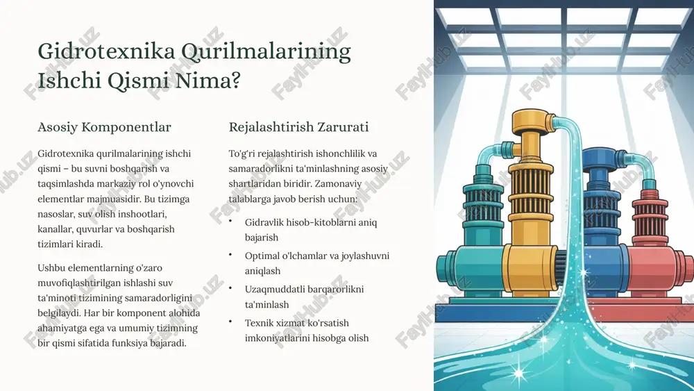 imlar izlaydilar. 3 ishchi qismni rejalashtirishda asosiy tamoyillar gidrotexnika qurilmalarining ishchi qismini rejalashtirish bir qator muhim tamoyillarga asoslanadi. bu tamoyillar tizimning samarali va xavfsiz ishlashini ta'minlaydi. 01 doimiy nazorat tizimi suv oqimi va bosimni doimiy nazorat qilish uchun zamonaviy sensörlar va monitoring tizimlari o'rnatiladi. bu real vaqt rejimida parametrlarni kuzatish imkonini beradi. 02 optimal loyihalash nasos va quvurlar tizimining optimal o'lchamlari va joylashuvi gidravlik hisob-kitoblar asosida aniqlanadi. bu energiya sarfini minimallashtiradi. 03 gidravlik hisob-kitoblar qattiq va suyuq oqimlarning gidravlik hisob-kitoblari (rustam karshiev va boshqalar, 2021) loyihaning ishonchliligini ta'minlashda muhim ahamiyatga ega. 4 nasos stansiyalarida ishchi qismning avtomatik boshqaruvi zamonaviy nasos stansiyalari yuqori darajada avtomatlashtirilgan boshqaruv tizimlariga ega. bu tizimlar samaradorlikni oshirish va xavfsizlikni ta'minlash uchun mo'ljallangan. avtomatik drayvlar afzalliklari doimiy bosimni ta'minlash uchun avtomatik drayvlar (kudrat abidov, 2020) energiya iste'molini 30-40% gacha kamaytirish nasoslarning xizmat muddatini 2 baravar uzaytirish favqulodda holatlarni avtomatik aniqlash va javob berish xavfsizlik tizimlari ishlash jarayonida …
