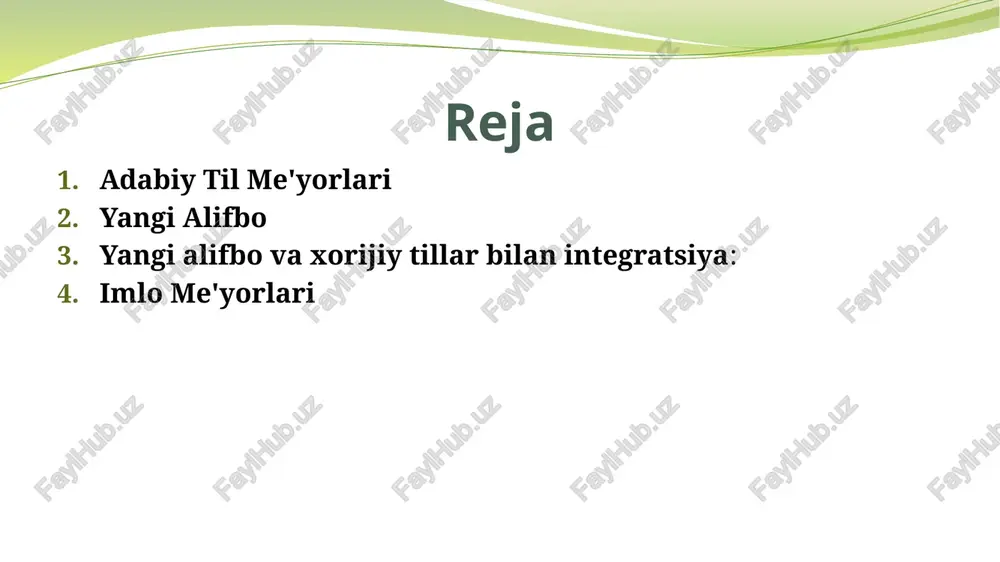 ishning uslubiy xususiyatlariga qadar bo‘ladi. yangi alifbo yangi alifbo — bu 1993-yilda o'zbekistonda qabul qilingan yangi lotin alifbosiga asoslangan yozuv tizimidir. bu alifbo, o'zbek tilining xususiyatlariga moslashtirilgan va eski kiril alifbosidan farq qiladi. yangi alifboda o'zgarishlar quyidagilardir: harflarning soddalashishi: kiril alifbosidagi ba'zi harflar o'rnini yangilari egalladi. simplicity (soddalik): yangi alifbo yanada sodda va zamonaviy tarzda tuzilgan, ayniqsa, xorijiy tillar bilan o'zaro aloqalarni osonlashtirishga xizmat qiladi. yangi alifbo va u bilan bog‘liq qonunlar yangi alifbo joriy etilishi bilan yozuvda ba'zi so‘zlarning o‘zgarishi va yangi imlo me'yorlarining yaratilishi zarur bo‘ldi. misol uchun, eski "o'" harfi "o" bilan almashtirildi va "q" o‘rniga "q" harfi kiritildi. yangi alifbo va imlo me'yorlarining amaliy o‘rni: qarorlar va qonunlarni joriy etish: 1993-yilgi qarorlar va qonunlar asosida yangi alifbo va imlo me'yorlarini keng miqyosda joriy etish, avvalo ta’lim tizimida va yozuvda yangi yondashuvlarni talab qildi. xususan, o‘quvchilarni yangi alifbo asosida o‘qitish, imlo me'yorlarini to‘g‘ri o‘rgatish uchun qo‘llanmalarning yaratildi. …