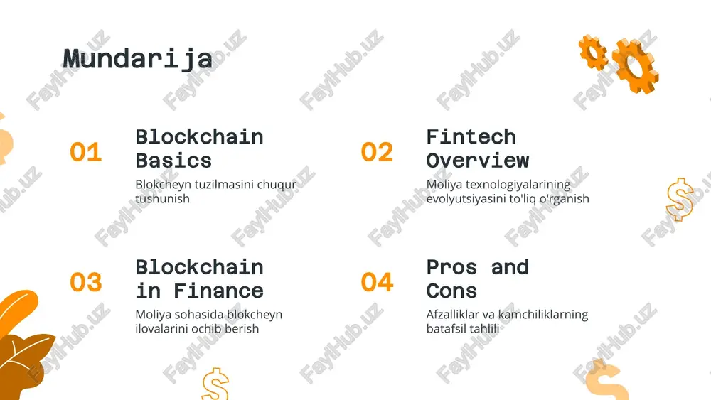 chni oshiradi va firibgarlikni kamaytiradi. 5 7 6 konsortsium blokcheynlari blokcheyn turlari va xusuiyatlari shaxsiy blokcheynlar ommaviy blokcheynlar markaziy hokimiyat mavjud emas; tugunlar tarmog'i tomonidan boshqariladi to'liq markazlashtirilmagan va hamma uchun ochiq maksimal shaffoflik va xavfsizlik yagona tashkilot yoki konsorsium tomonidan markazlashtirilgan yoki markazlashtirilmagan nazorat cheklangan kirish va ruxsatlar kengaytirilgan maxfiylik va miqyoslilik o'rta darajadagi nazorat va ruxsatnomalar yarim markazlashtirilmagan, bir guruh tashkilotlar (konsortsium) tomonidan boshqariladi markazsizlashtirish va miqyoslilikni muvozanatlashtiradi blokcheyn turlari foydalanish holatlari markazlashtirilmagan ilovalar (dapps) kriptovalyutalar (masalan, bitcoin, ethereum) umumiy ma'lumotlarni almashish va tekshirish muayyan sohalar uchun korporativ echimlar (masalan, ta'minot zanjiri, sog'liqni saqlash) tashkilotlar ichida xavfsiz va shaxsiy ma'lumotlarni almashish ichki maqsadlar uchun tranzaktsiyalarni samarali qayta ishlash birgalikda sanoat loyihalari (masalan, savdo tarmoqlari) moliyaviy sektor hamkorligi (masalan, bank konsorsiumlari) ommaviy blokcheynlar shaxsiy blokcheynlar konsortsium blokcheynlari umumiy nazorat va samaradorlikni talab qiluvchi qo'shma korxonalar moliyaviy texnologiyalar fintech: financial technologies 02 fintech ta’rifi fintech (moliyaviy texnologiya) moliyaviy xizmatlarni loyihalash …