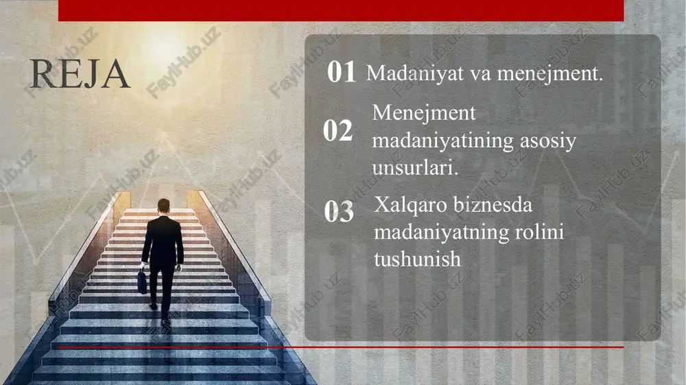 odatlarini o'rganishdan boshlashlari kerak. xalqaro biznesda madaniyatning ahamiyatining ba'zi jihatlarini ko'rib chiqaylik: inklyuziya va xilma-xillik jamoa tashkiloti tushinish va eshita bilish ishbilarmonlik muzokaralari shaxsiy uslublar multiplikator kamchiliklari yechimlari multiplikator ish haqi, soliqlar, xodimlarning nafaqalari va global jamoalarning boshqa hr funktsiyalari bilan shug'ullanib, xorijda biznesni kengaytirishga yordam beradi. ko'pincha xorijda kengayib borayotgan kompaniyalar to'lib-toshgan va xalqaro qonunlar va xodimlarni yollash, ish haqi , soliqlar va boshqalar bilan bog'liq qoidalarga aralashib ketishadi. quyida biz global miqyosda biznesga ta'sir qiladigan bir nechta madaniyatlararo muammolarni sanab o'tdik: allppt layout allppt layout allppt layout allppt layout biznes modellarini mahalliy bozorga moslashtirish mahalliy biznes amaliyotini tushunish mintaqaviy farqlarni aniqlash turli va inklyuziv ish joyini yaratish boshqaruv amaliyotlarini moslashtirish inson resurslari siyosatini moslashtirish xalqaro biznesdagi madaniy to'siqlarni bartaraf etish 1 2 3 4 5 madaniy jihatdan xabardor ish joyini yarating ochiq muloqotni targ'ib qiling umumiy kompaniya madaniyatini rivojlantiring mahalliy madaniyatni tushuning ish joyidagi etiket "menejerlar jamoaga xizmat …