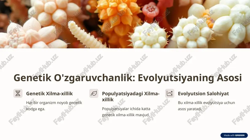 ko'payish ehtimolini oshiradi. 7 evolyutsion kelajak: genetik tahlillarning ahamiyati genetik muhandislik kasalliklarni davolash, qishloq xo'jaligini yaxshilash. bioinformatika genetik ma'lumotlarni tahlil qilish va modellashtirish. populyatsion genetika turlar xilma-xilligini saqlash, evolyutsion jarayonlarni tushunish. 8 image1.png image2.png image3.png image4.png image5.png image6.png image7.png image8.png image9.png image10.png image11.png image12.png image13.png image14.png image15.png image16.png image17.png image18.png made with gamma ge 7 hs finnem xs colis "1 ” op gy — p