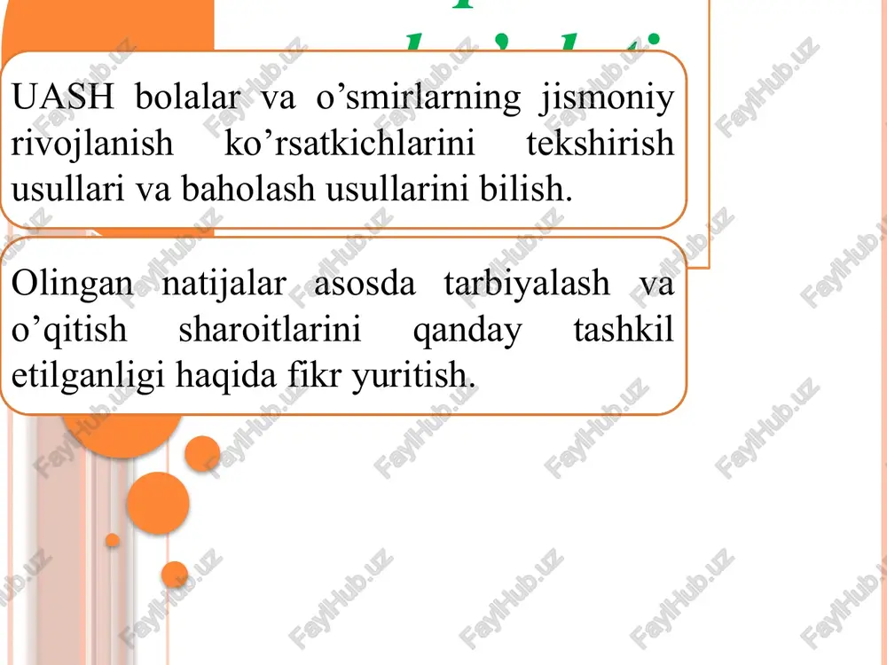 balki uyushgan jamoalardagi bolalarning jismoniy rivojlanishini nazorat qilishdan iborat. bu bolalarning yashash muhitidagi gigienik omillarni o’z vaqtida to’g’ri baholash va korrektsiya qilishga imkon beradi, jumladan bolalarning ovqatlanishi, jismoniy mashqlarning turi va darajasi, ish va o’qish joylarining tashkil etilganligi, to’g’ri tuzilgan kun tartibi, hamda maktabdagi mashg’ulotlarning tartibi va xarakteri, bolalar muassasalarining sanitar-texnik jihozlanganligining to’g’riligi, xonalarning yoritilish sifati kabilar. bundan tashqari jismoniy rivojlanishni shaxsiy tarzda tahlil qilish, har bir muayyan bolaga nisbatan uash ish taktikasini aniqlashga imkon beradi: qo’shimcha tibbiy tekshirishlarni o’tkazilish zaruriyati, davolovchi-sog’lomlashtirish tadbirlari. bolalar va o’smirlarning jismoniy rivojlanish ko’rsatkichlari oilada va hamda maktabgacha va maktab muassalaridagi tarbiyalash va o’qitish sharoitlarinng qanday yaratilganligiga bog’liqdir. bunday eng ko’p ahamiyatga ega bo’ladigan omillar qatoriga bolalarning ovqatlanish sifati, jismoniy yuklamalarning xarakteri va darajasi, o’qish joylarining tashkil etilganligi, oqilona tuzilgan va bajariladigan kun tartibi, maktabdagi darslarning tartibi va xarakteri, bolalar muassasalaridagi sanitar-texnik jihozlarning sozligi, xonalarning yoritilish sifati va b.q. kiradi. shuning uchun vrach bolalar va …